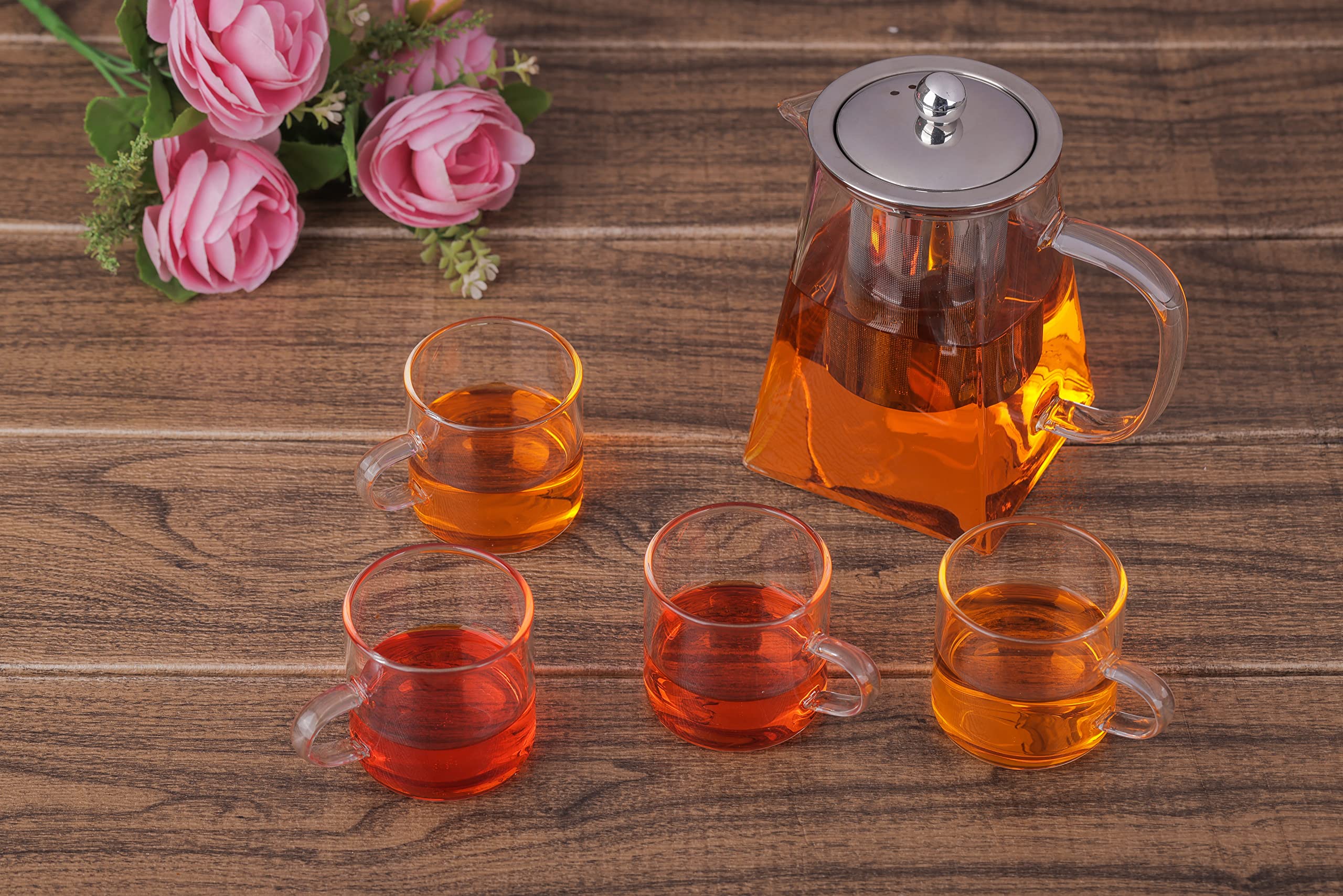 Borosilicate Glass Square Tea Pot with Heat Resistant Stainless Steel Infuser Perfect for Tea and Coffee Maker, Clear Glass Kettle with 4 Cups (550 ML, Square Kettle with Cups)