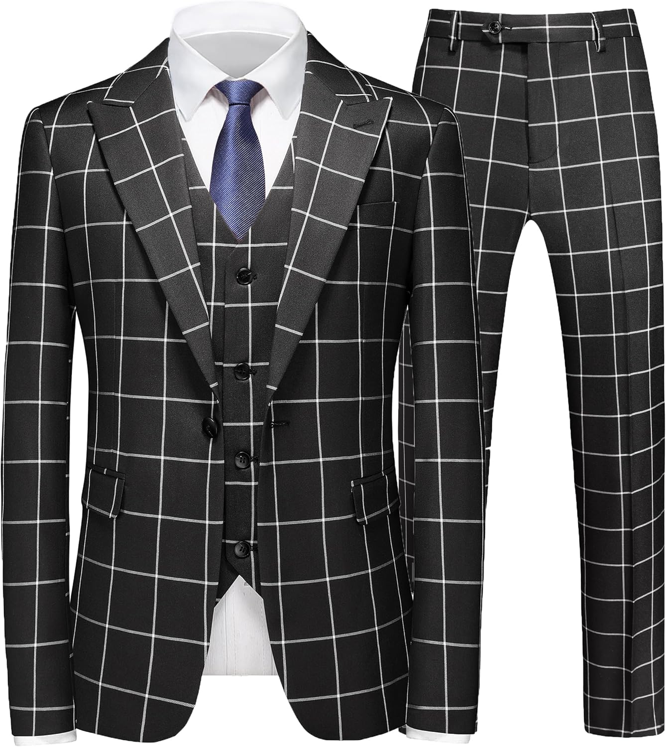 MOGU Mens 3 Piece Slim Fit Plaid Suit Blazer Jacket+Vest+Pants