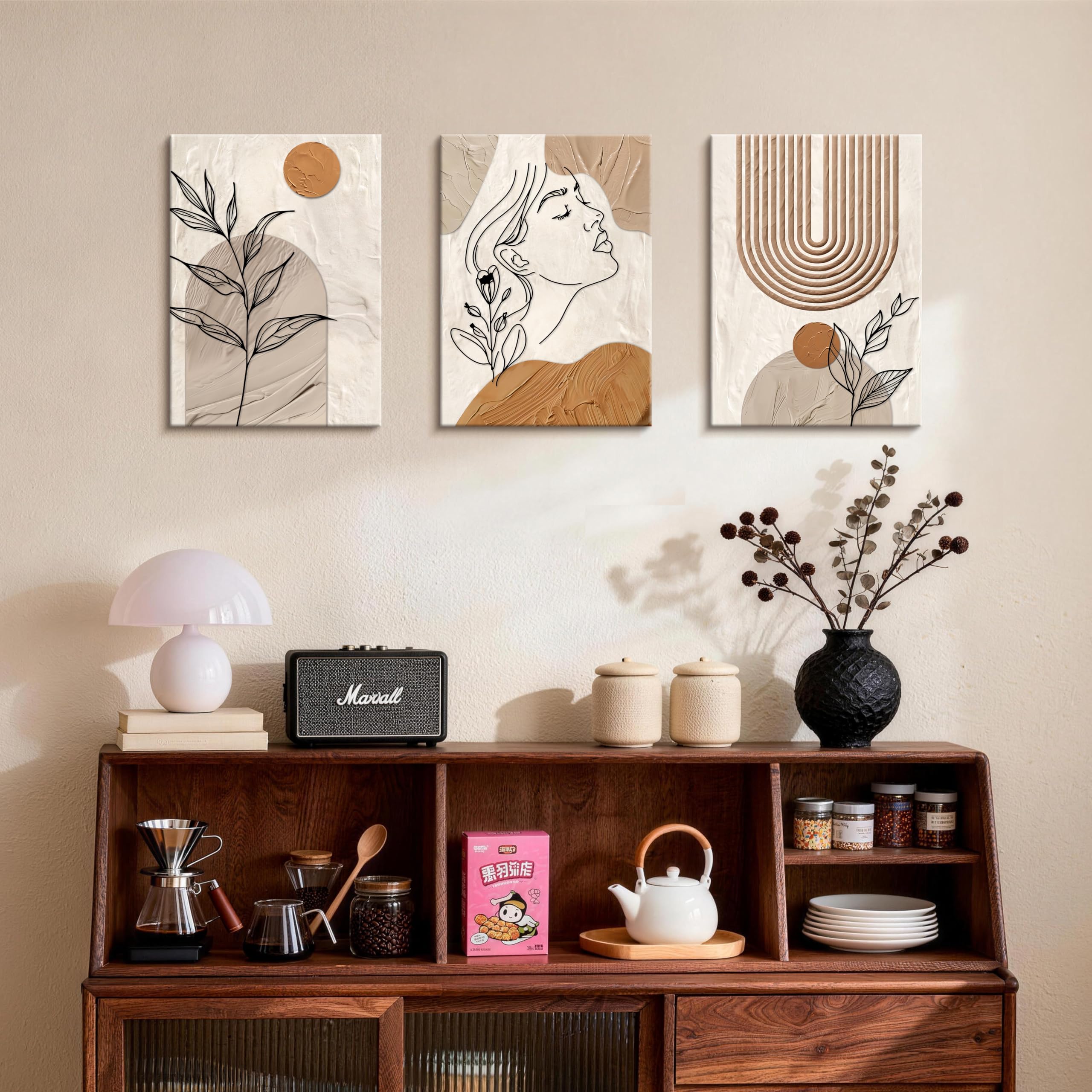 3 Pcs Wooden Framed Canvas Wall Art Set Bohemian Sage Green Canvas Prints Poster Geometric Line Beige Green Pictures for Living Room Bedroom Dinning Room Hallway Stairs Wall Decor 30x40cm x3pcs — view 350