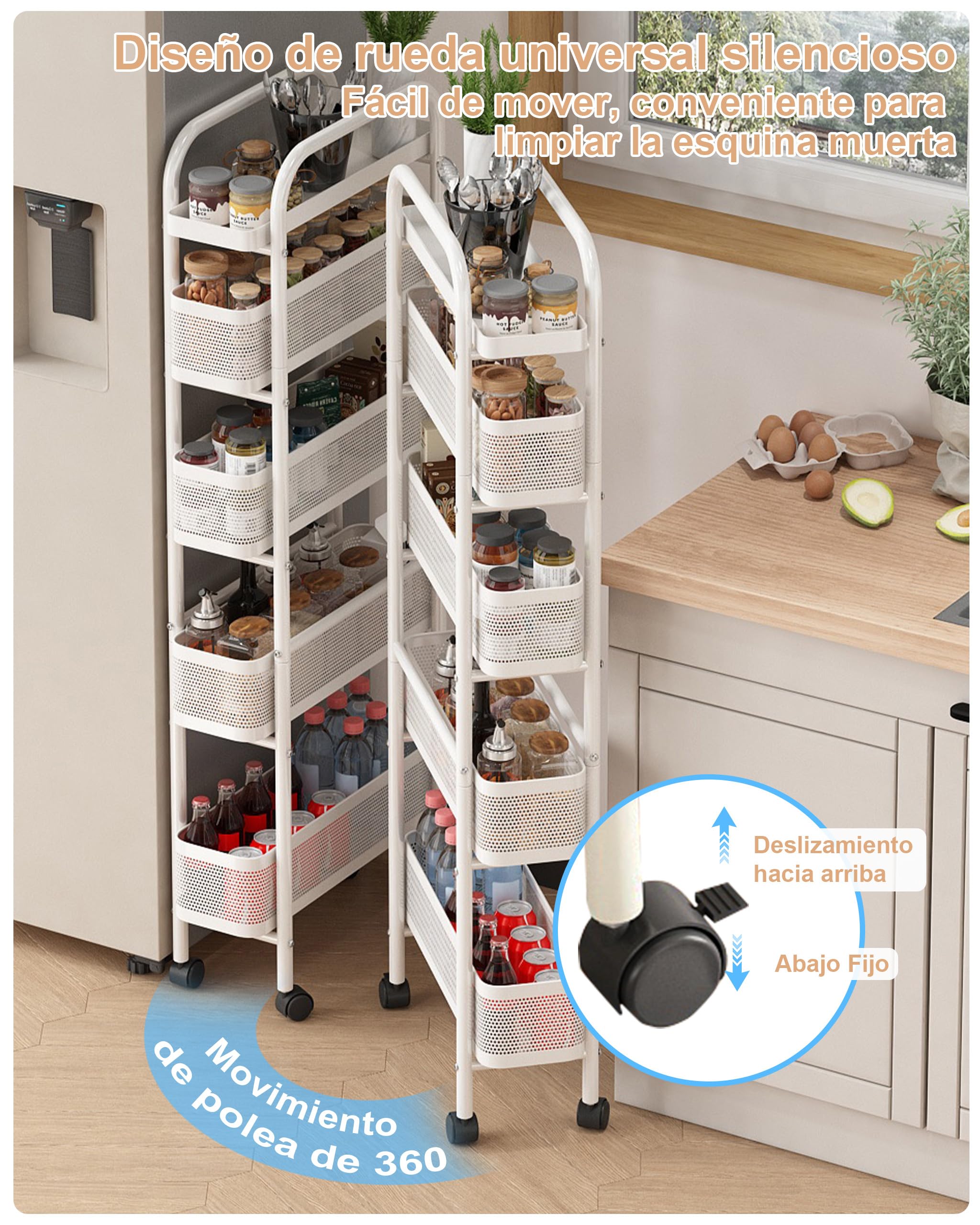UMDONX Carrito auxiliar con ruedas con cajones extraíbles, Carro de servicio de 5 niveles, Carrito Cocina Ahorra Espacio Estanteria Estrecha Carrito Cocina para cocina, baño, dormitorio, salón(Blanco)
