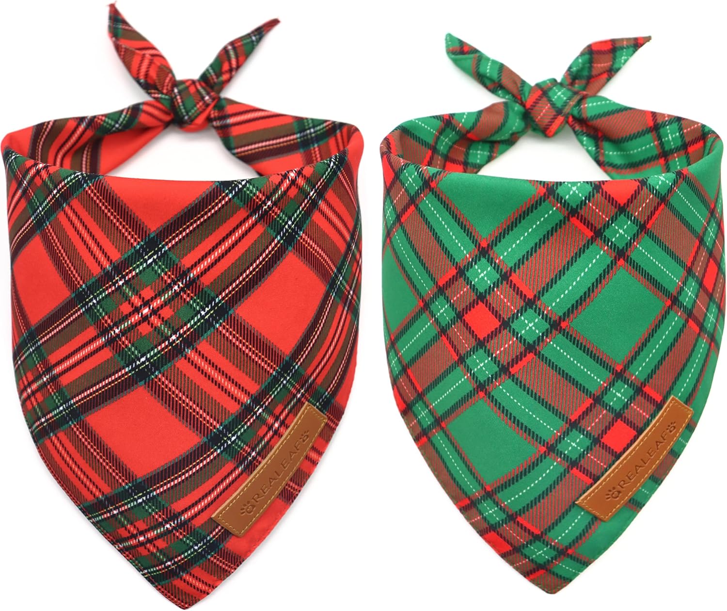 Realeaf Christmas Dog Bandanas 2 Pack, Reversible Red Green Plaid Dog Scarf, Xmas Pet Bandana, Premium Durable Fabric, Holiday Check Bandana for Large and Extra Large Dogs Pets (X-Large) Christmas X-Large