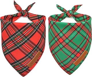 Realeaf Christmas Dog Bandanas 2 Pack, Reversible Red Green Plaid Dog Scarf, Xmas Pet