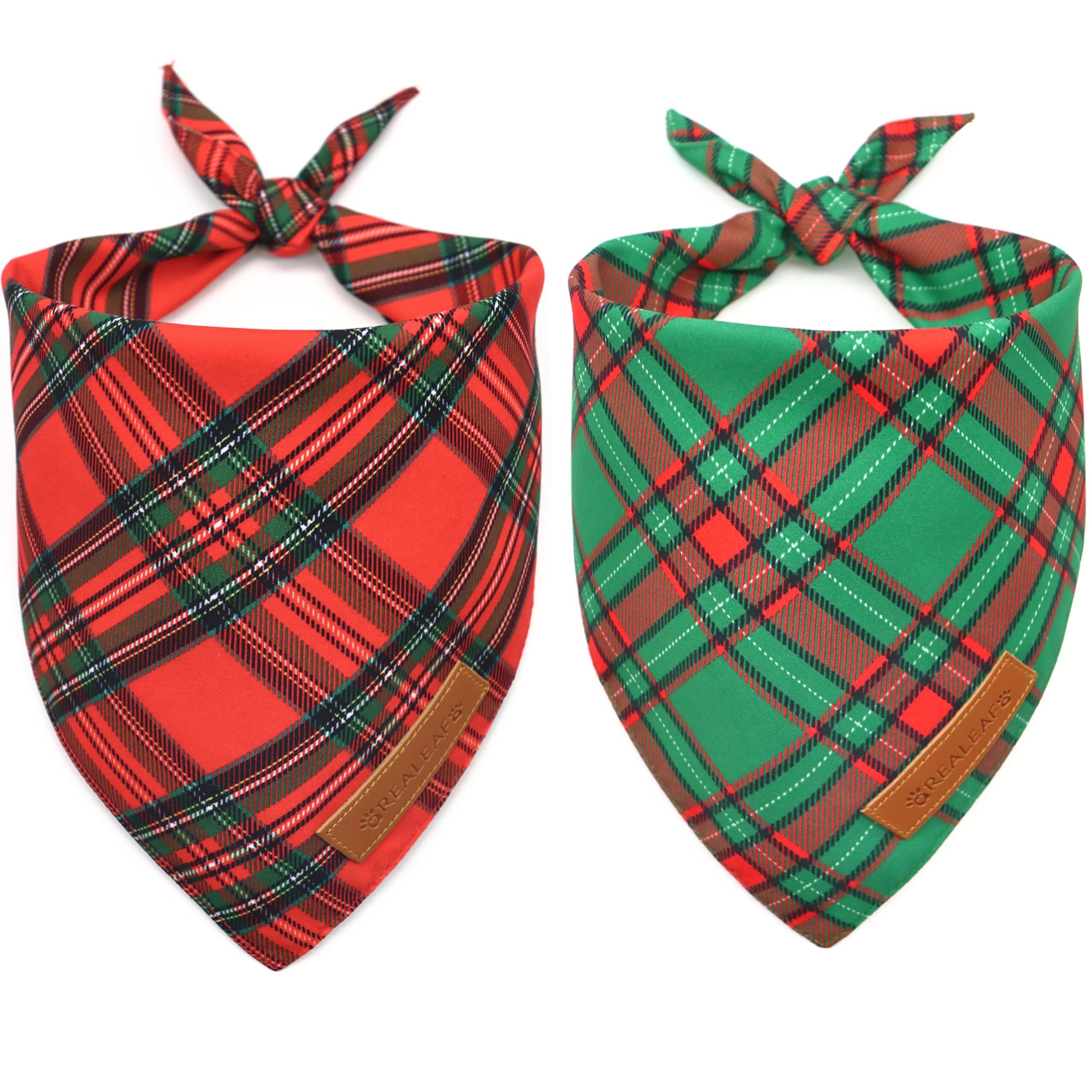 Realeaf Christmas Dog Bandanas 2 Pack, Reversible Red Green Plaid Dog Scarf, Xmas Pet Bandana for Boy and Girl, Premium Durable Fabric, Holiday Check