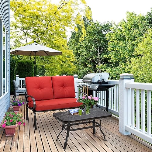 Miniatura 14 de Giantex Sofá biplaza de patio con mesa auxiliar, banco al aire libre con cojín y marco de metal, sofá biplaza para jardín, patio, patio o piscina