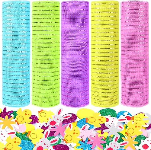 5 rollos de cintas de malla decorativas de Pascua con 200 calcomanías de espuma de Pascua, 10 pulgadas x 30 pies, papel de aluminio metálico
