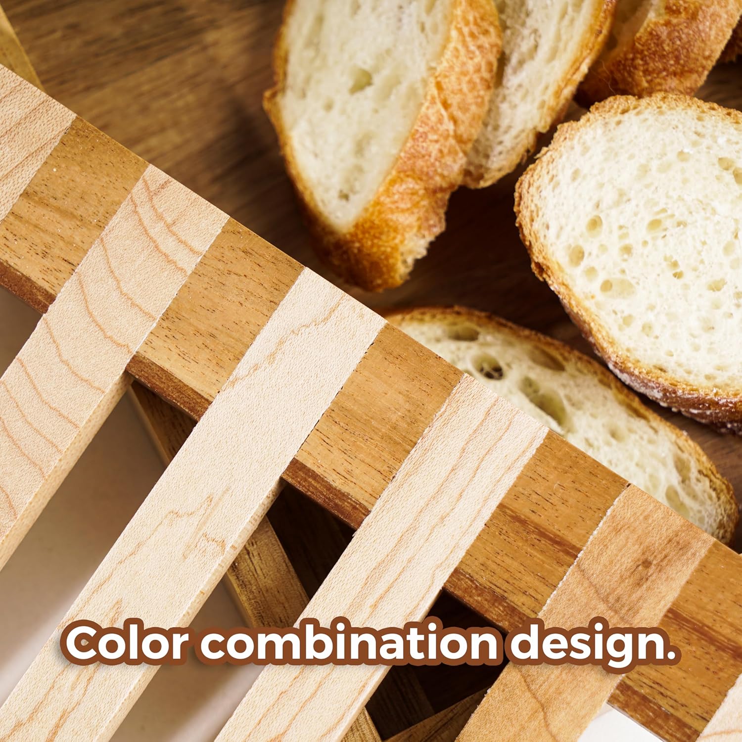 Wood Bread Cutting Board With Slicer, Crumb Tray and Holder - Serving Tray for Kitchen, Color Combination Design - For Cake, Bagels - 9.53" Wide x 1.46" Tall
