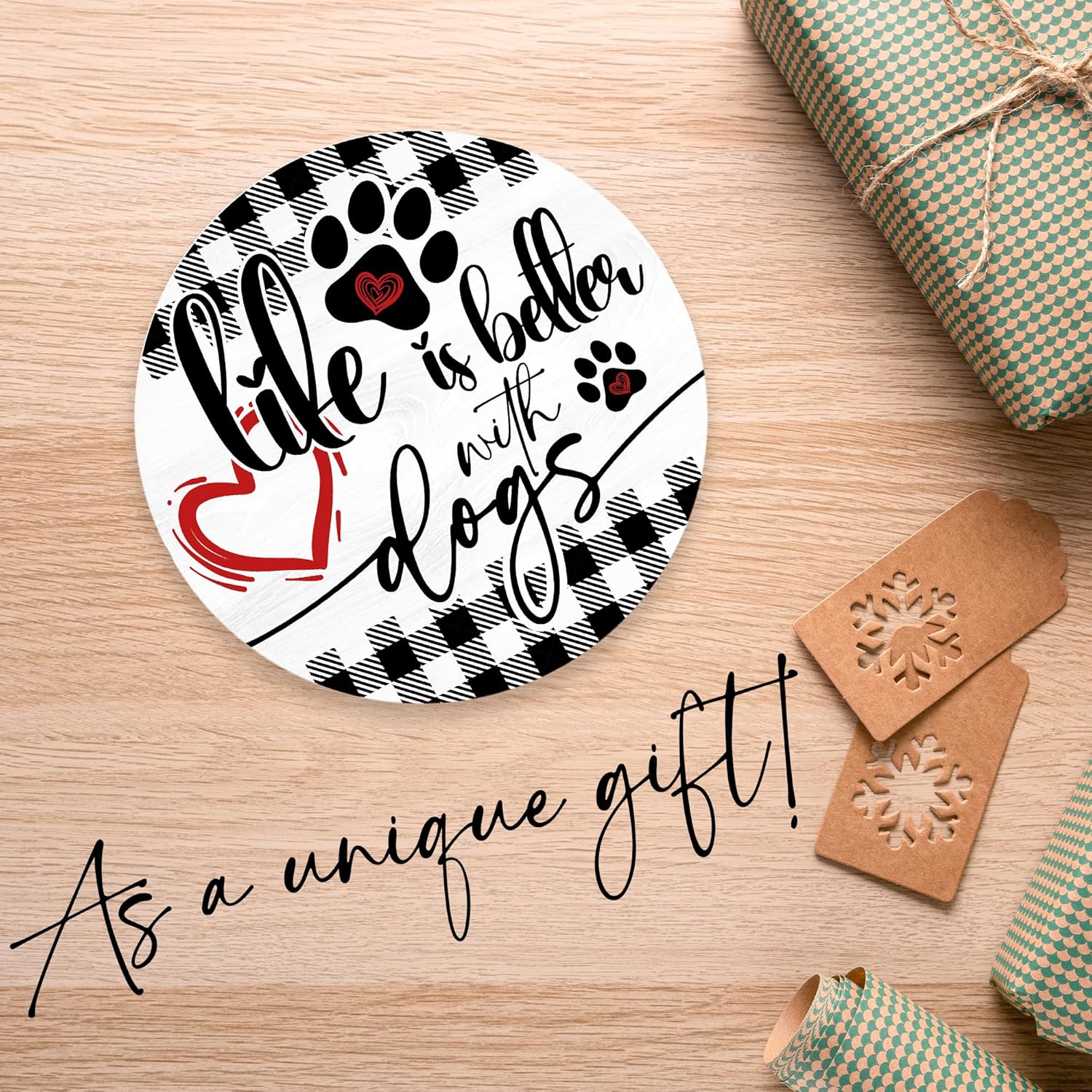 Life Is Better With Dogs Wooden Hanging Sign, 12 Inch Round Wood Plaque Front Door Sign for Dog Lovers, Rustic Home Wall Decor for Outdoor Indoor Porch Garden Decor & Supplies, Gift for Pet Owners-A02 - Image 6