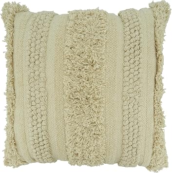Saro Lifestyle Down Filled Fringe Striped Throw Pillow, Natural, 20"