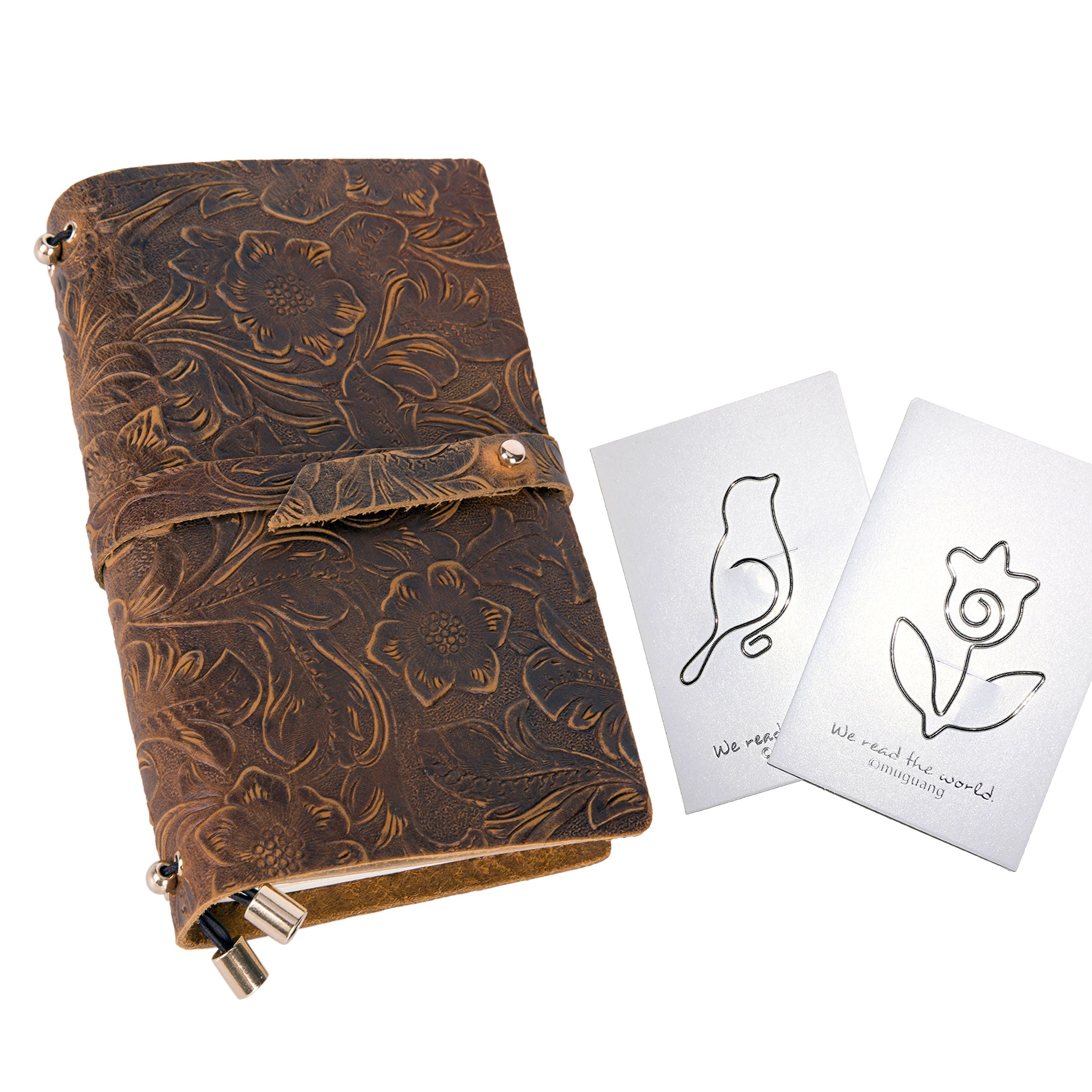 JUSTSWAG Birsppy Crafsoar Travel Journal Refillable Leather Travelers Notebook,3 Inserts,Inner Pocket,Embossing, Dark Brown, 6.8 x 4.33 in + 2 Silver Markbooks