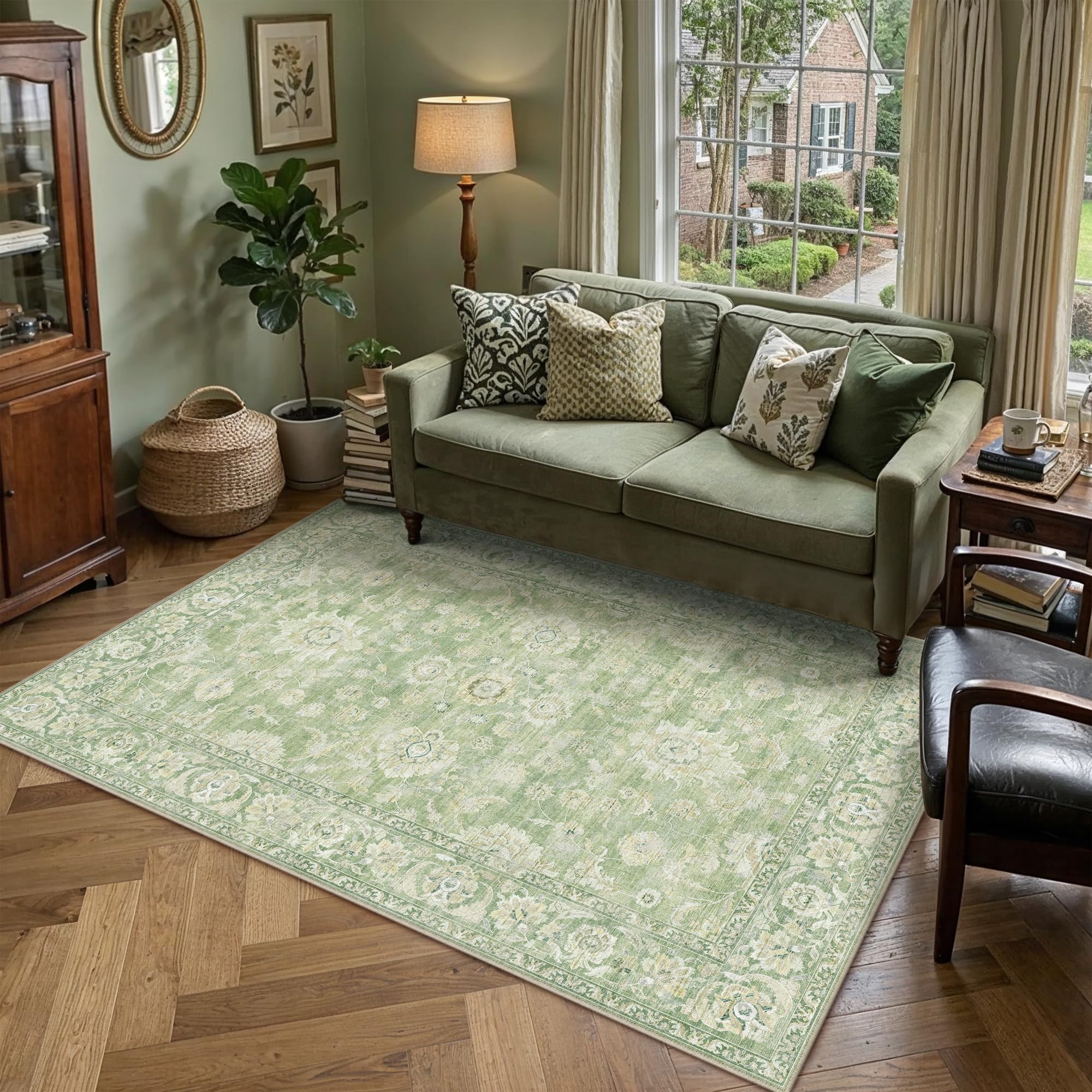 PureCozy 160x230cm Rugs Living Room Vintage Washable Soft Area Rugs,Green