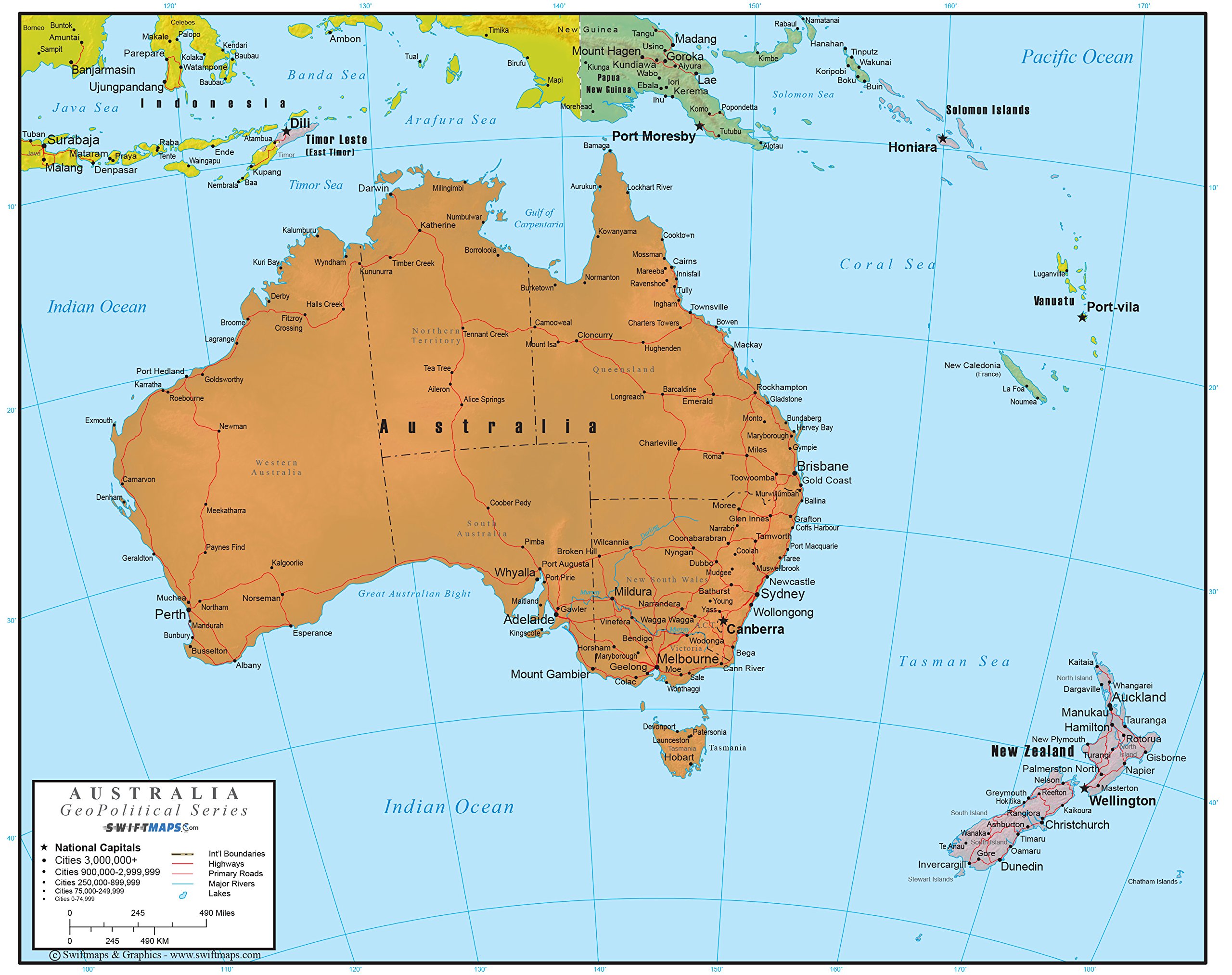 Australia Wall Map Laminated GeoPolitical Edition by Swiftmaps A2 (42cm x 60cm)