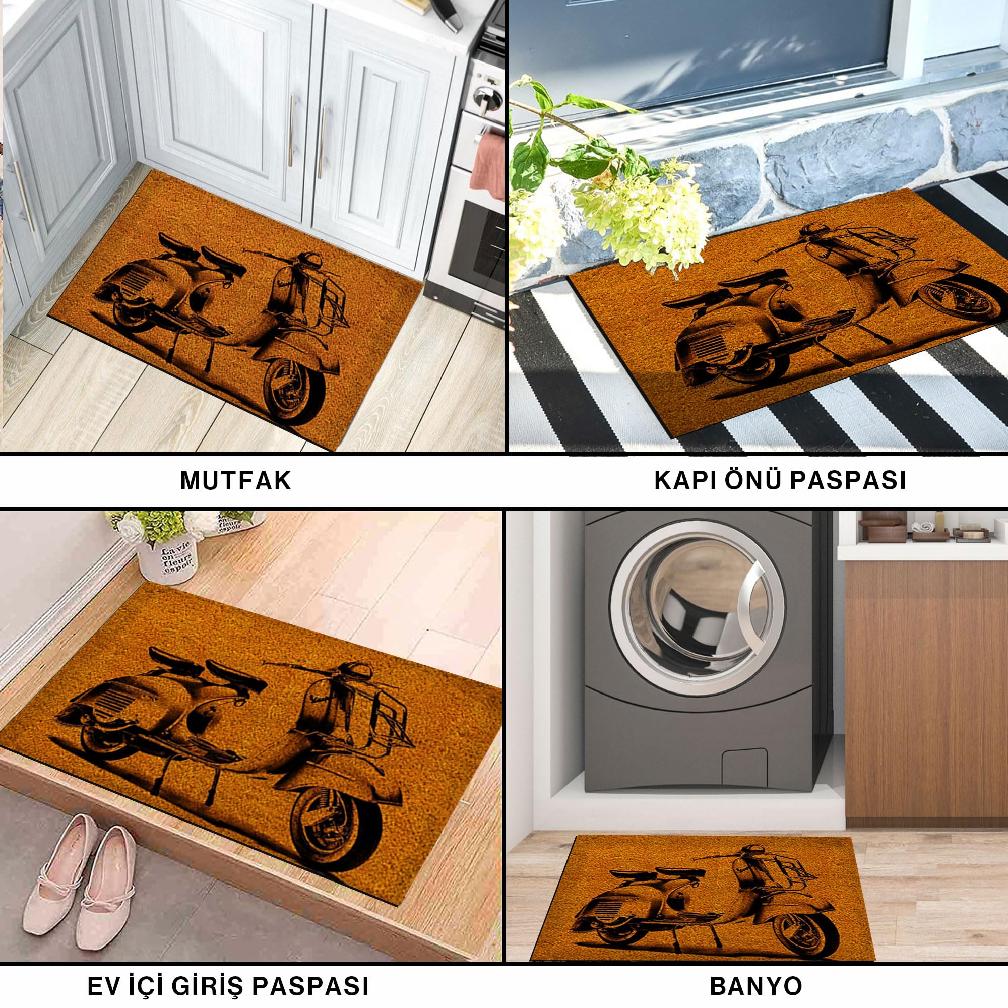 MONNHEIN Kapı Önü Paspası - Modern ve Şık Kapı Paspası | Ev, Ofis ve Dış Mekân Kullanımı İçin (Retro Scooter)
