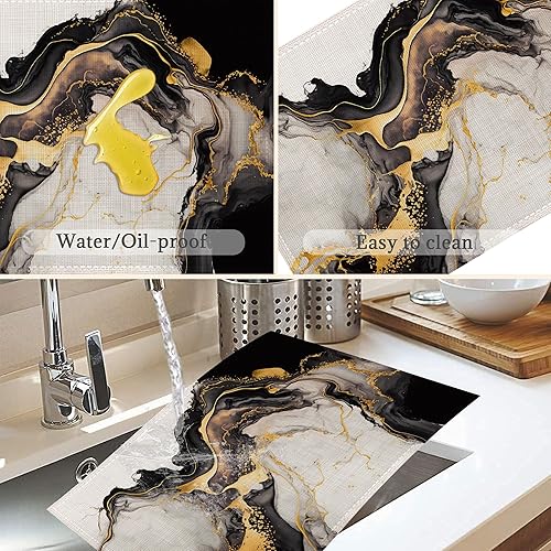 Miniatura 4 de Juego de 6 manteles individuales blancos y negros, lavables, resistentes al calor, de 12 x 18 pulgadas, manteles individuales de lino con mármol