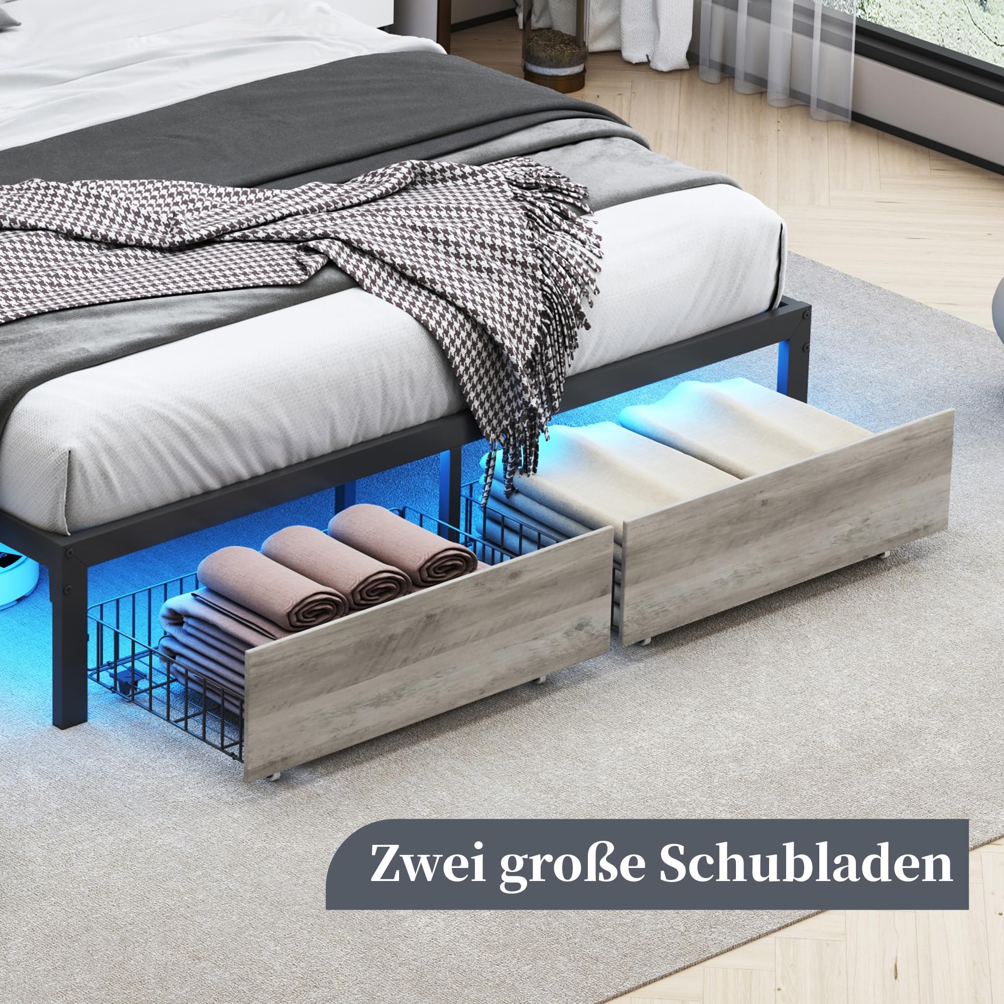 Polsterbett 140x200 cm mit LED-Beleuchtung und USB-Ladeanschluss, Metallbett Doppelbett mit 2 Schubladen, Stauraumbett Jugendbett mit Lattenrost aus robustem Metall, Schwarz (Typ D, 140x200cm)