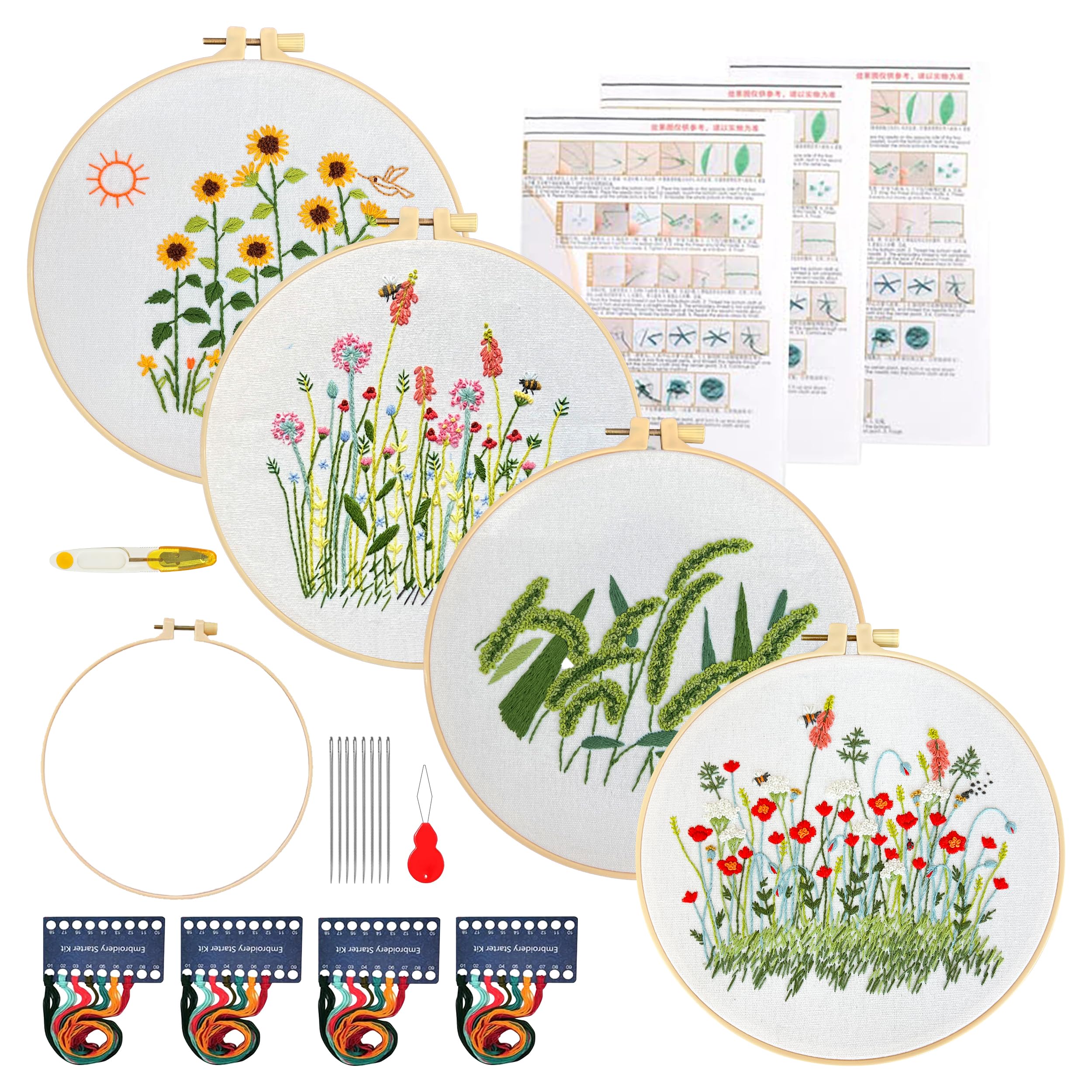Maydear4 Packs Embroidery Starter Kit with Pattern, Stamped Cross Stitch Kits for Beginners Adults with Embroidery Hoop and Instructions, Hand Embroidery Kit (A-Embroidery kit Florals)