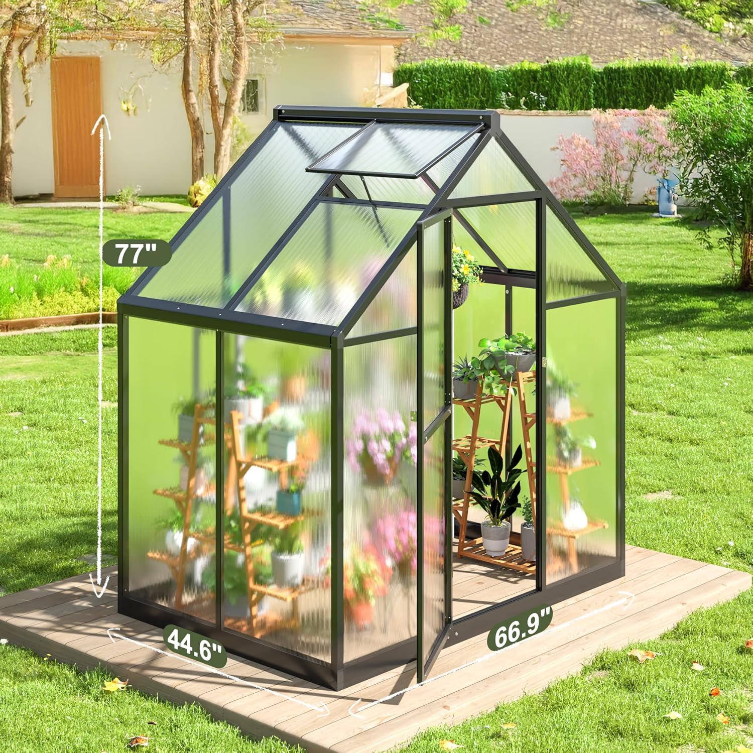 WKM Greenhouse for Outdoors 4x6 FT, Polycarbonate Green House with Roof Vent and Quick Setup Structure, Aluminum Greenhouse for Garden Backyard, Black