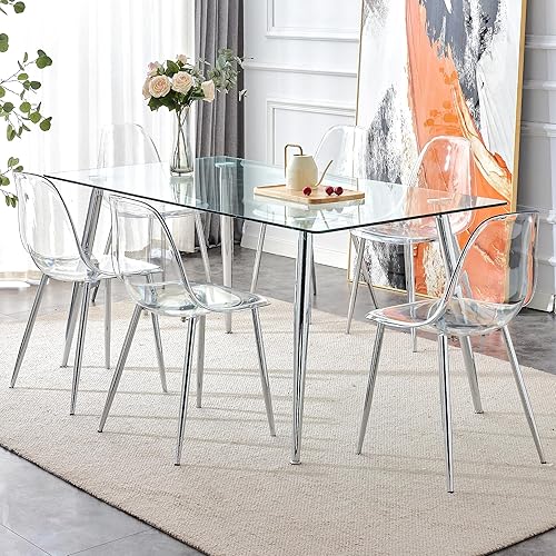Miniatura 24 de Mesa redonda de comedor de vidrio para 2 a 4, moderna mesa superior de vidrio templado, patas cromadas resistentes, almohadillas ajustables, mesa de