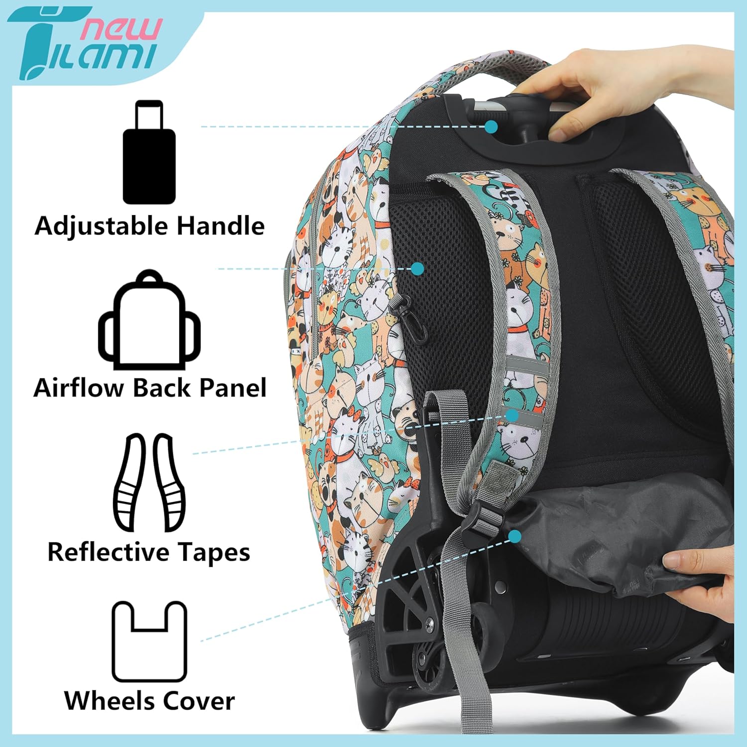 NEW TILAMI Kids 18 inch Rolling Backpack - Durable Waterproof Large Capacity Adjustable Handle Stair Climbing Design for Boys & Girls, Cats Cute