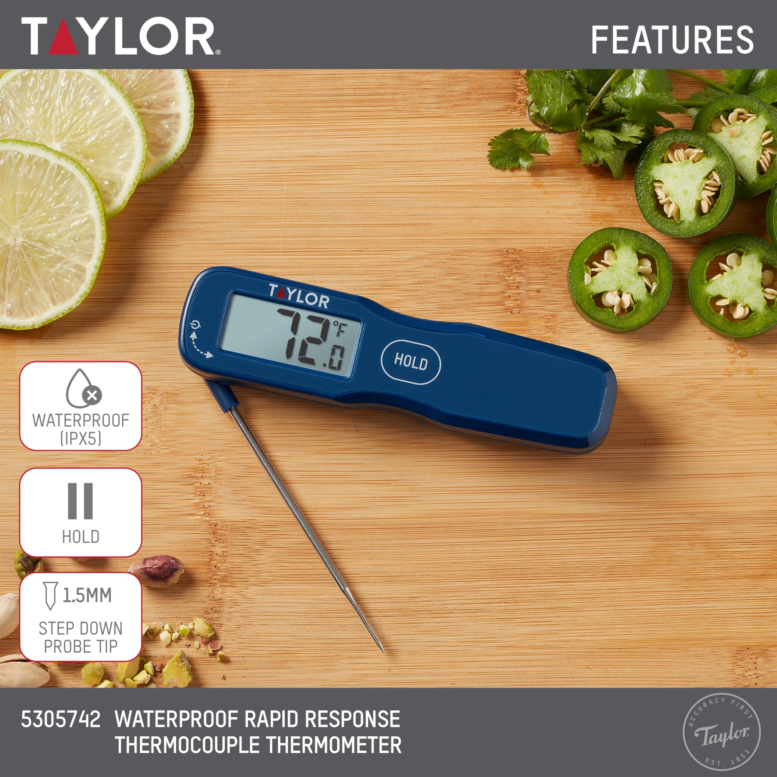 Taylor Termómetro digital impermeable de respuesta rápida plegable para alimentos, termómetro de lectura instantánea para carne, barbacoa, cocina y cocina, color azul