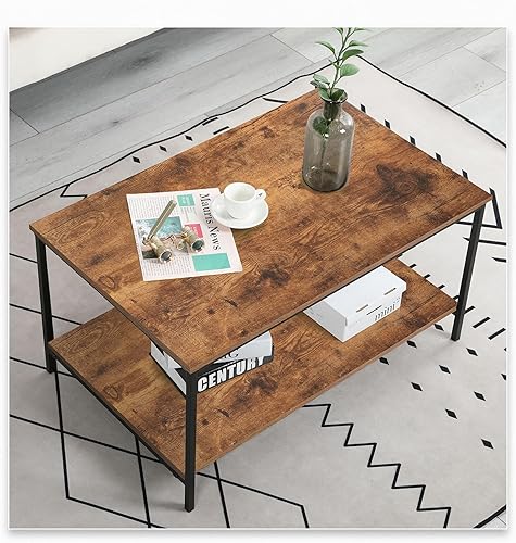 Miniatura 2 de SENIG Mesa de café pequeña rectangular marrón de madera y metal con estante de almacenamiento para salas de estar pequeñas
