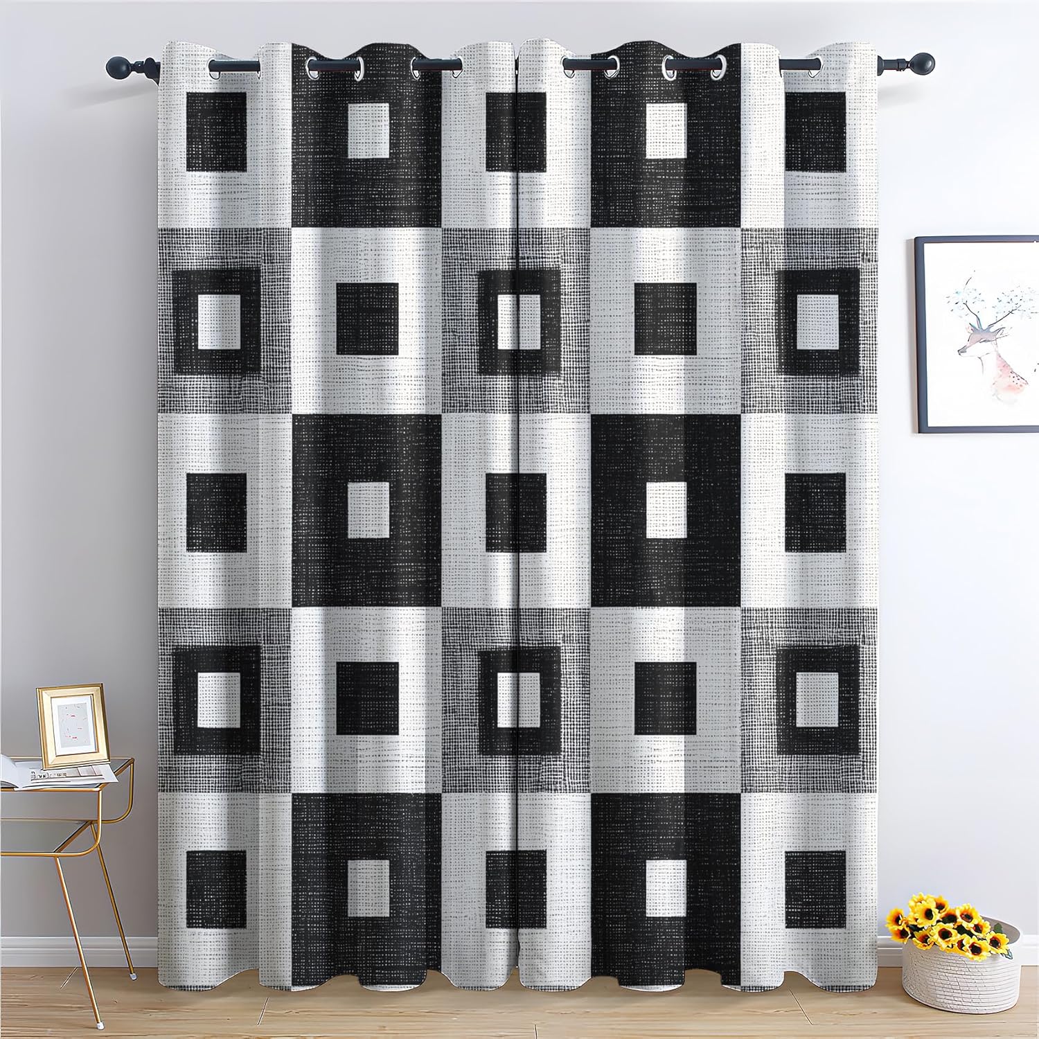 Geometric Blackout Curtains 63 inch Length, Thermal Insulated Room Darkening Grommet Drapes for Living Room & Bedroom, Black and White Modern Window Treatments & Home Decor, 2 Panels Set