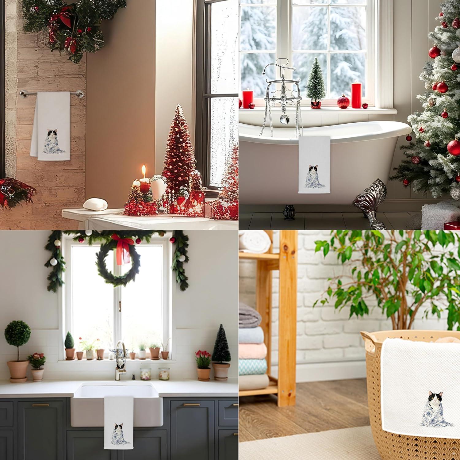 Blue and White Chinoiserie Tuxedo Cat Kitchen Towels, Black and White Cat Gifts Dish Tea Towels for Kitchen Decor, Cute Kitty Kitten Decorative Hand Towel Bathroom Yoga Spa Decor, 16x24 Inch - Image 3