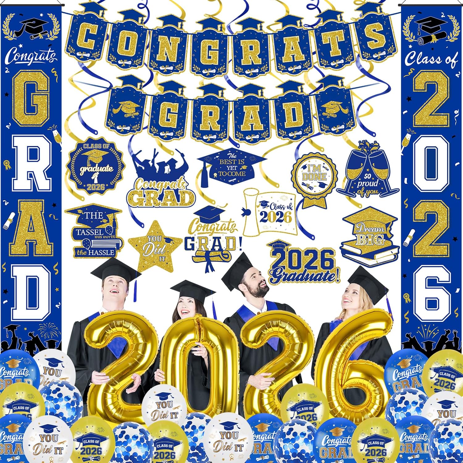 38Pcs Red and Black 2026 Graduation Decorations Set - Congrats Grad Banner, Grad Hanging Swirls, 2026 Porch Banner and Foil Balloons for 2026 Graduation Party Decorations Red and Black