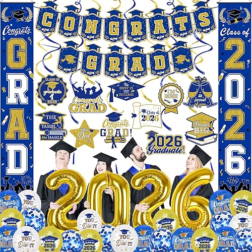38Pcs Blue and Gold 2026 Graduation Decorations Set - Congrats Grad Banner, Grad Hanging Swirls, 2026 Porch Banner and Foil Balloons for 2026 Graduation Party Decorations Blue and Gold