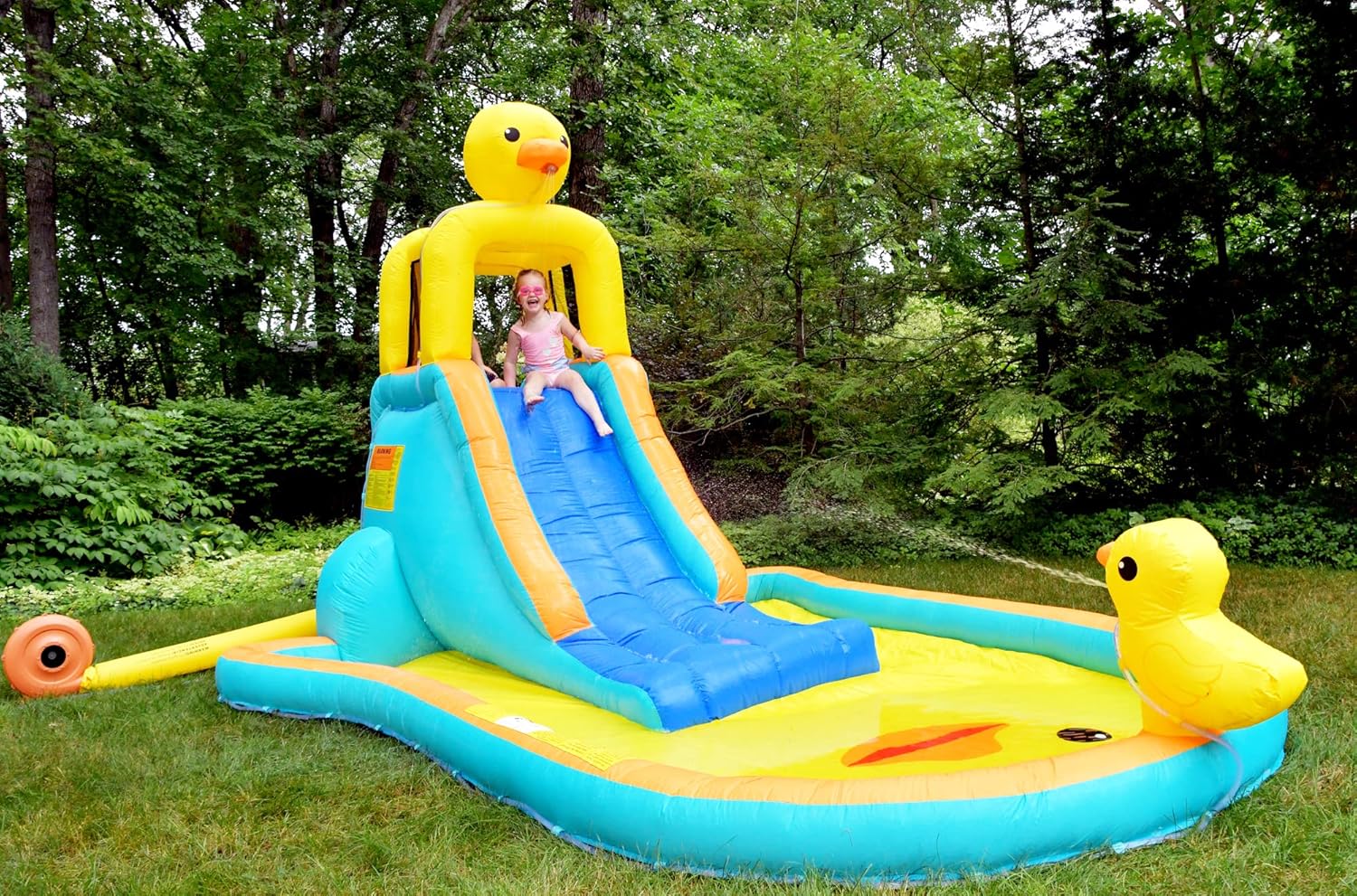 Bounceland Ducky Splash Water Slide with Pool, 16.2 ft L x 10 ft W x 8.6 ft H, UL Strong Blower Included, Splash Pool, Safe Climbing wall, 7.38 ft Fun Slide, Rubber Ducky Water Spray, Safe Netting