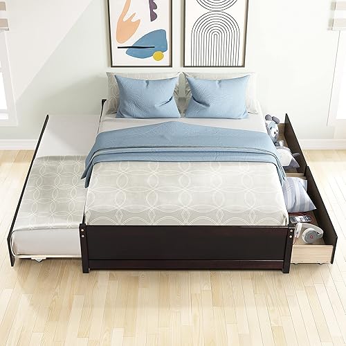 Miniatura 2 de Merax Cama de plataforma de madera maciza de tamaño matrimonial con nido de tamaño individual y dos cajones de almacenamiento, cama de plataforma de