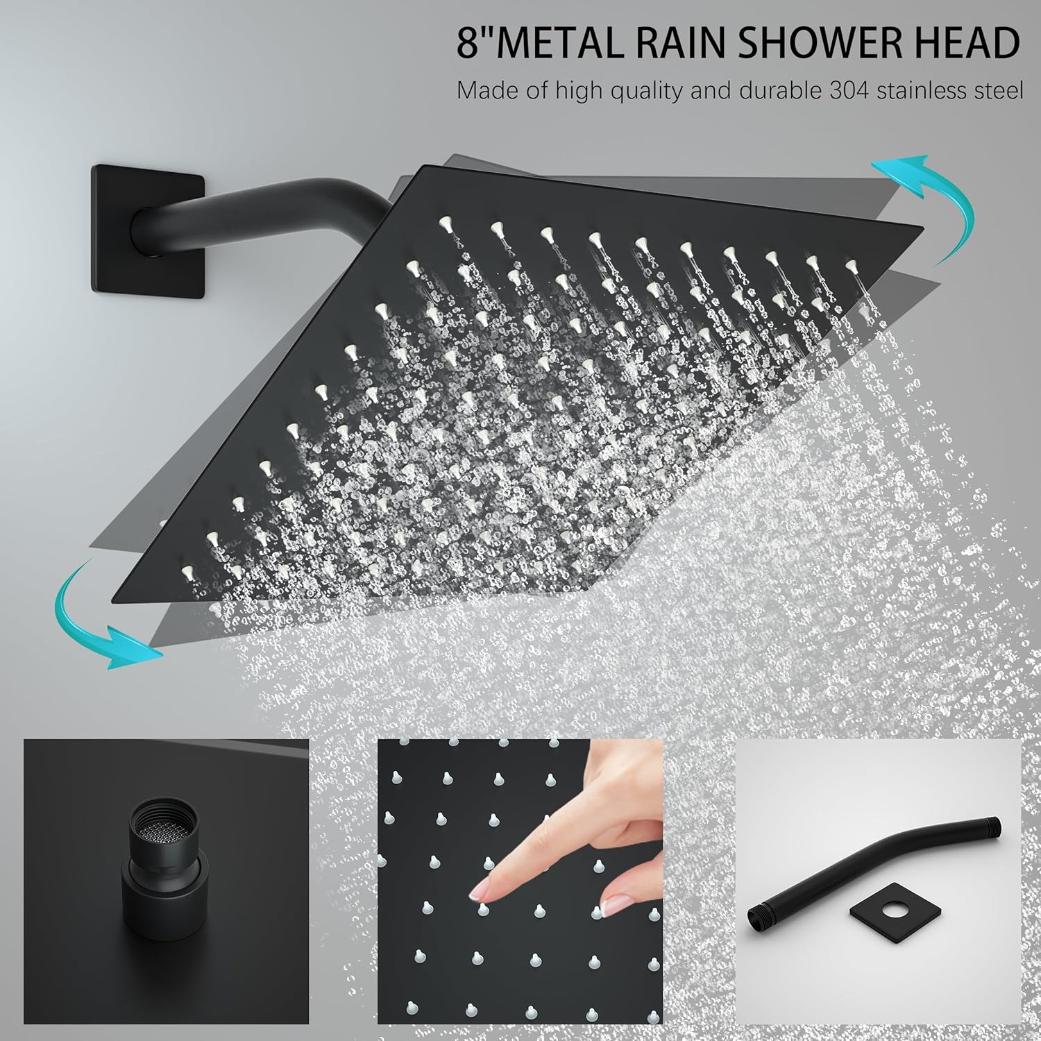 Modern Shower Faucet Set,8-Inch High Pressure Rainfall Shower Head,Complete Rain Shower System with Bathtub Spout and Rough-in Valve Trim kit(Matte Black)