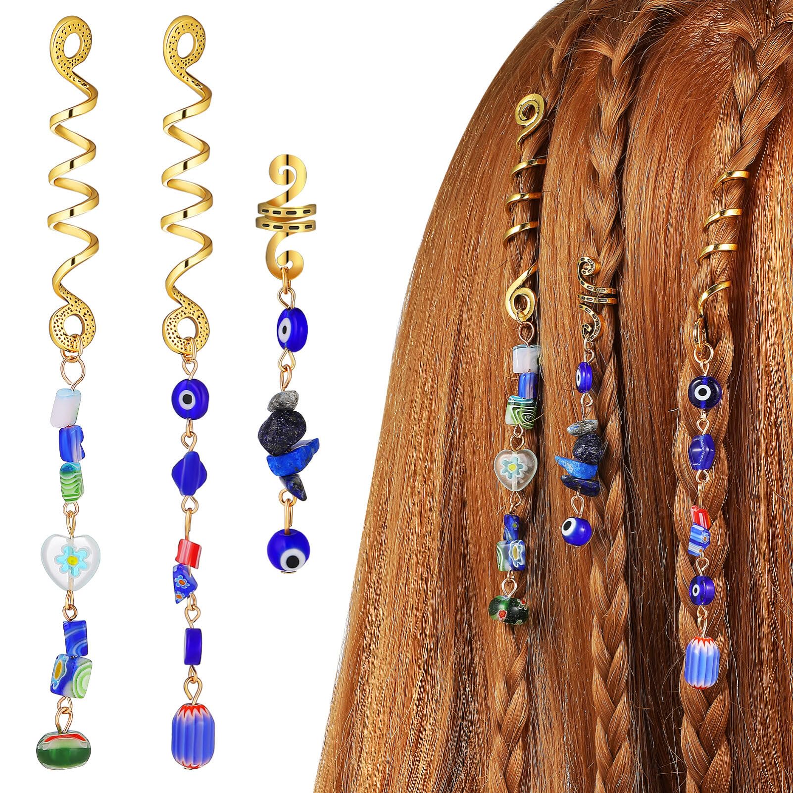 DEARMAMY 3pcs Dreadlock Beads Metal Hair Jewelry for Women Braids Blue Eye Spiral Hair Cuff Hair Charms Hair Accessories Hair Rings Cuffs Gold