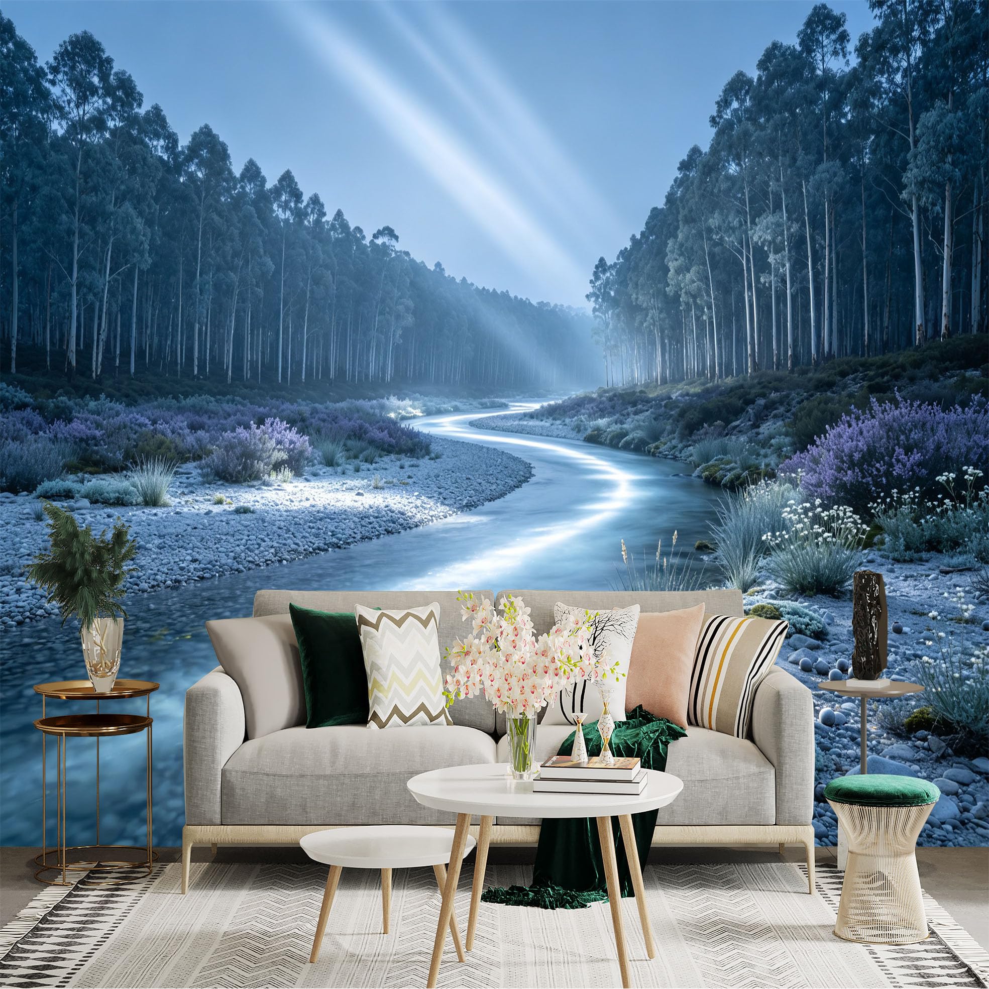 Lnzczhyre Bh260719804 Custom Size Wall Sticker Mural， Serene River Flowing Through Misty Woodland， Ethereal Light Beams， Wild Flora， For Wall Decoration， Peelandstick Wall Decals.