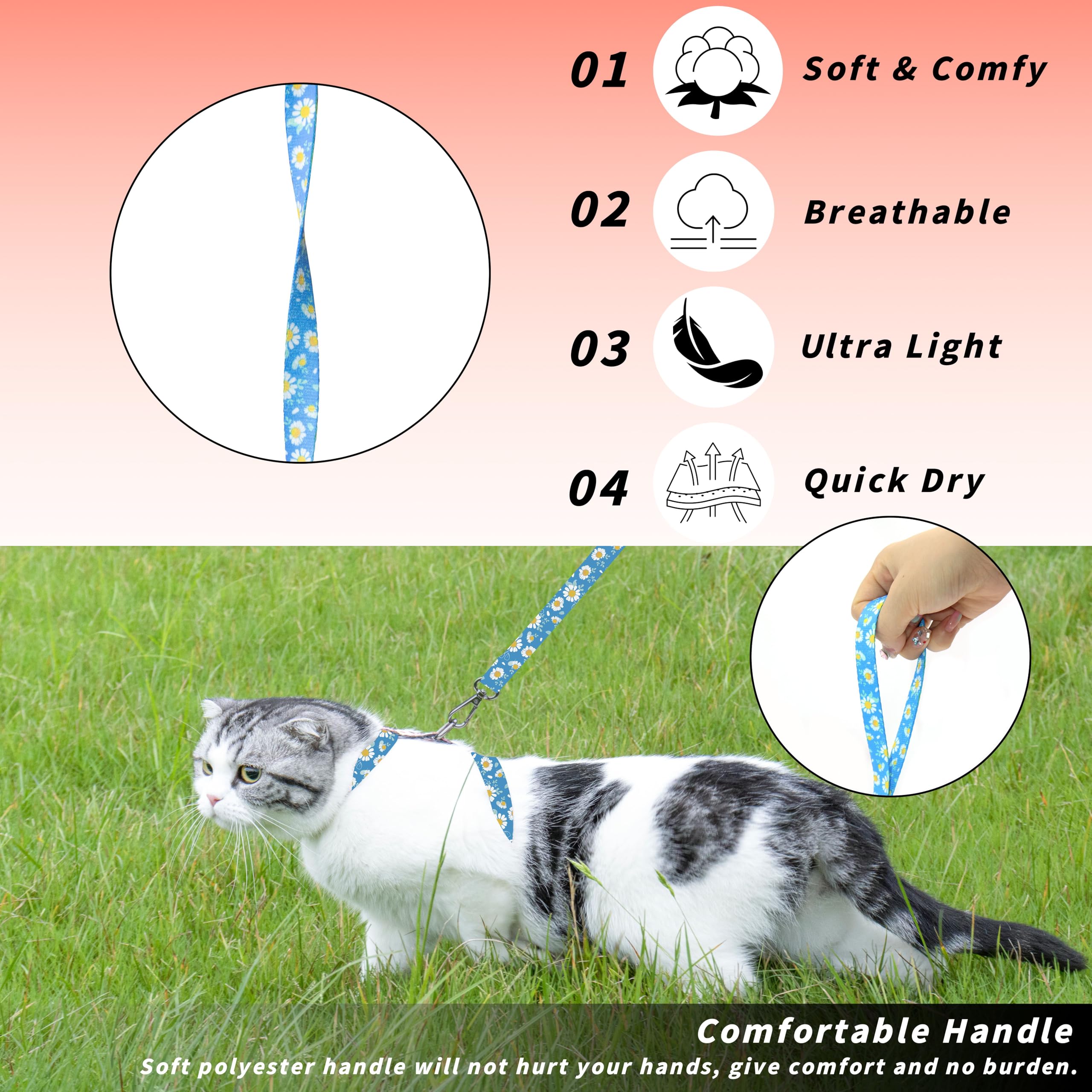 Seyezo Ensemble Harnais et Laisse pour Chat, Harnais réglable Anti-Fugue pour Chats, Harnais Doux et léger pour la Promenade et Les Voyages pour Chats de Petite et Moyenne Taille, Marguerite Bleue