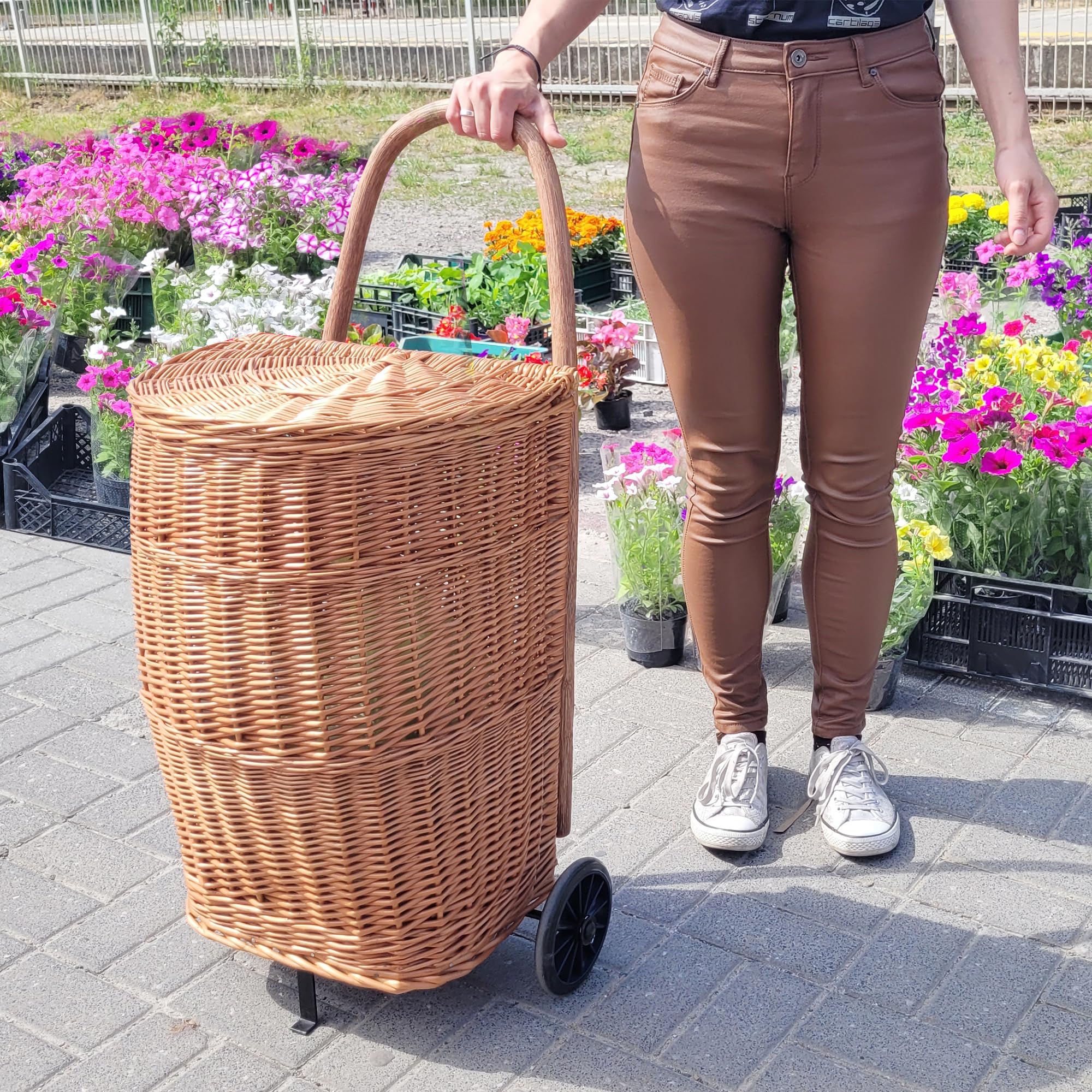 WEECO Carro de la compra con tapa, cesta de transporte con ruedas, carrito de mercado, cesta de madera, carrito de la compra de mimbre grande, carrito para leña de chimenea, 90 x 30 x 40 cm