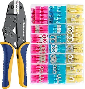 haisstronica Crimping Tool for Heat Shrink Connectors HS-8327 with 280PCS Marine Grade Heat Shrink Wire Connectors,Tinned Red Copper AWG 22-10 Electrical Ring Fork Spade Splice(3Colors/21Size)