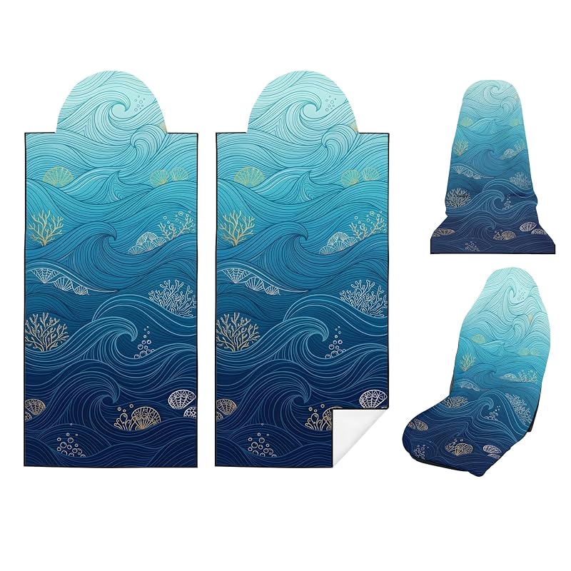 Capa de Banco Automotivo em Microfibra com Bolso para Encosto, Azul com Estampa de Ondas Oceânicas, 76,2 x 165,1 cm, Kit com 2