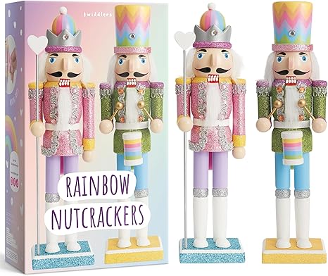 THE TWIDDLERS 2 Pack 12 Inch Rainbow Christmas Nutcrackers Soldier & King, Wooden Nutcracker Christmas Decor Figures, Decorative Nutcracker Christmas Decorations