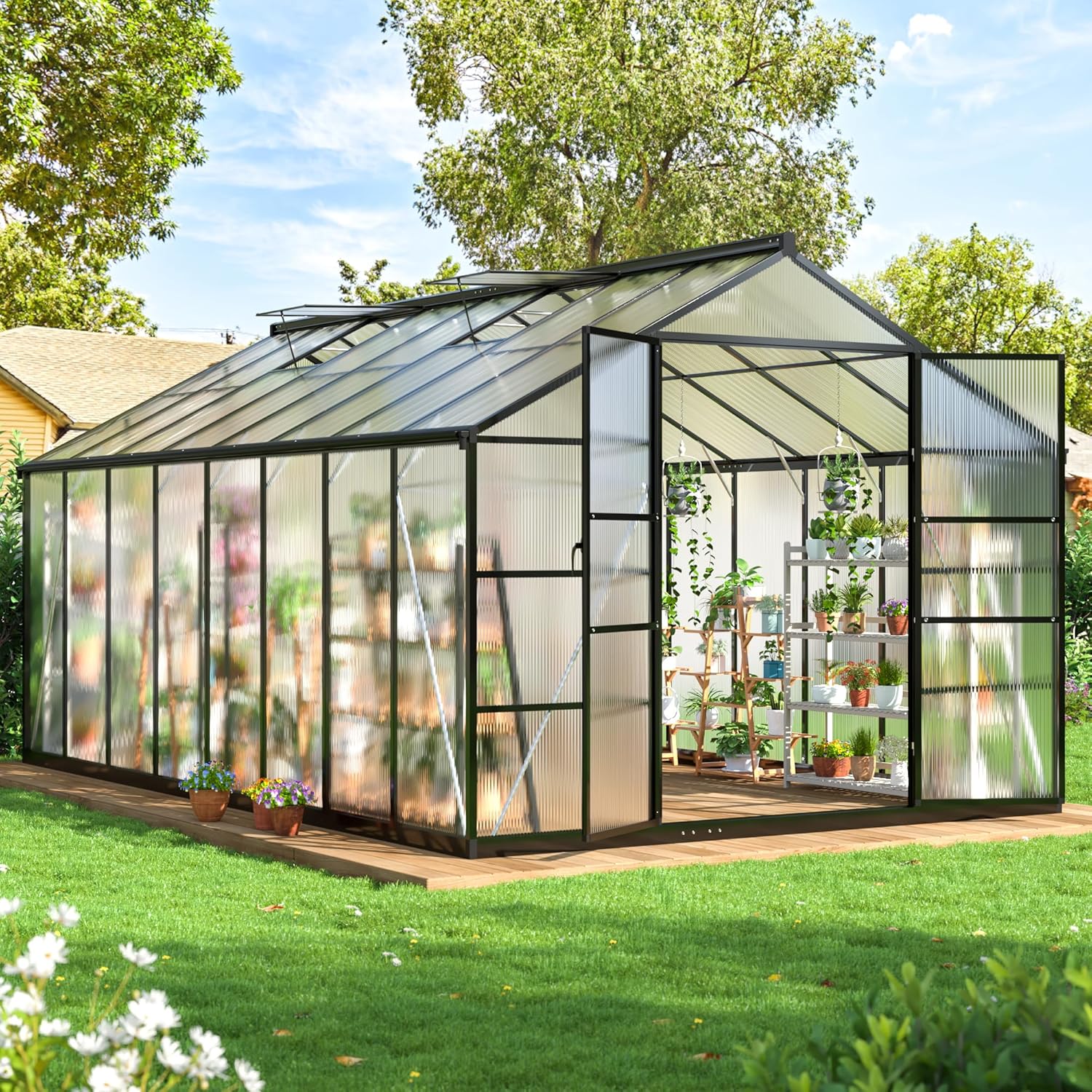 Assembled WKM 10x16 FT Greenhouse in a garden setting
