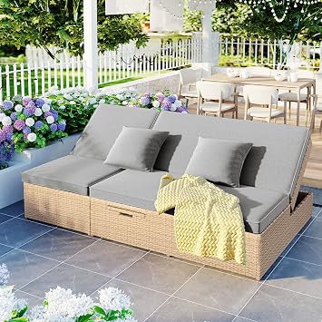 Outdoor Double Sunbed with 5-Position Adjustable Backrest | PE rattan, foam cushions, 5-position backrest and seat, side cup trays, 2-person, patio, garden, 47.2 W x 29.5 D x 14.96 H in