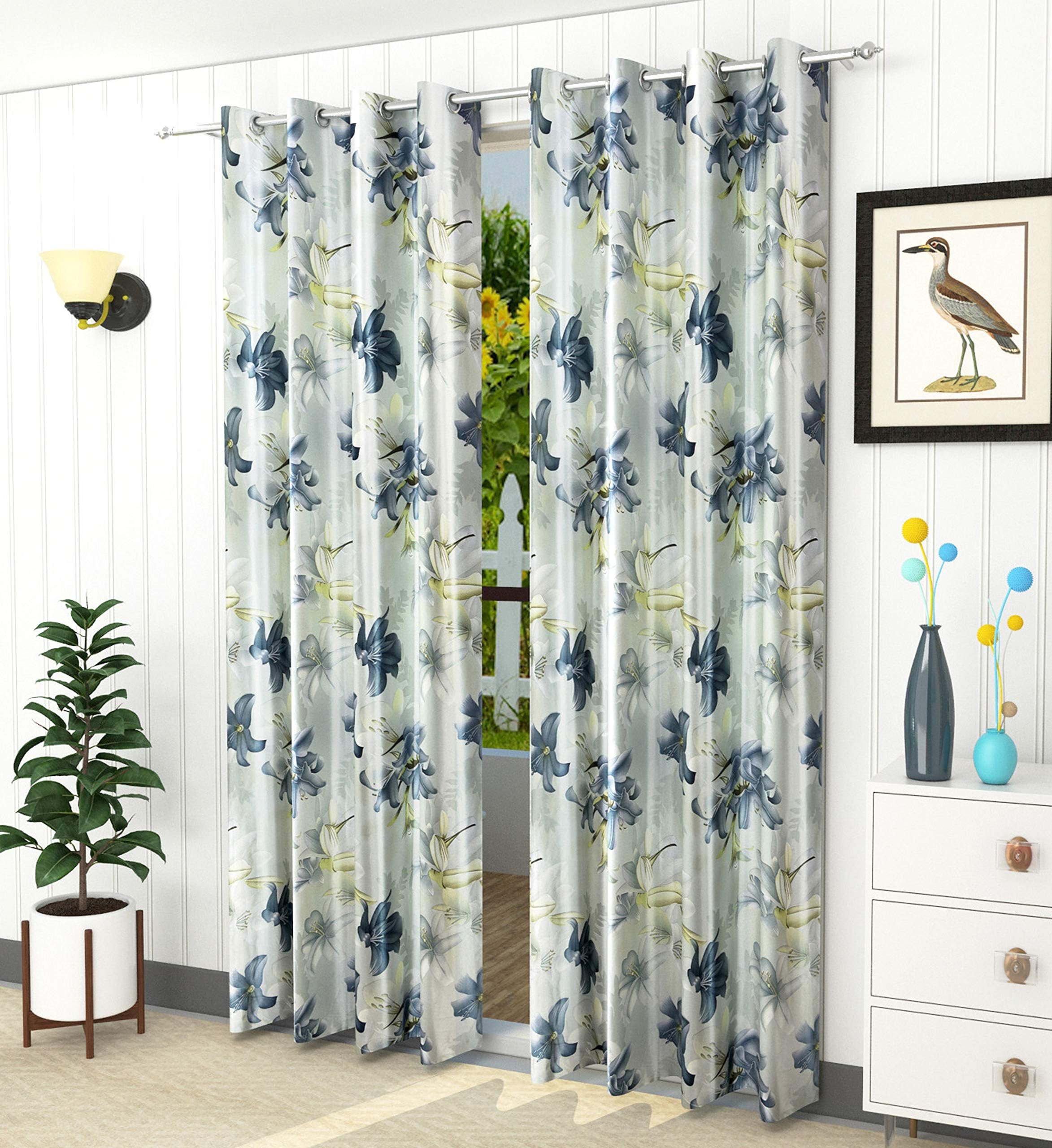LaVichitra 2 Piece Premium Eyelet Door Curtains - 7 ft, Floral, Grey