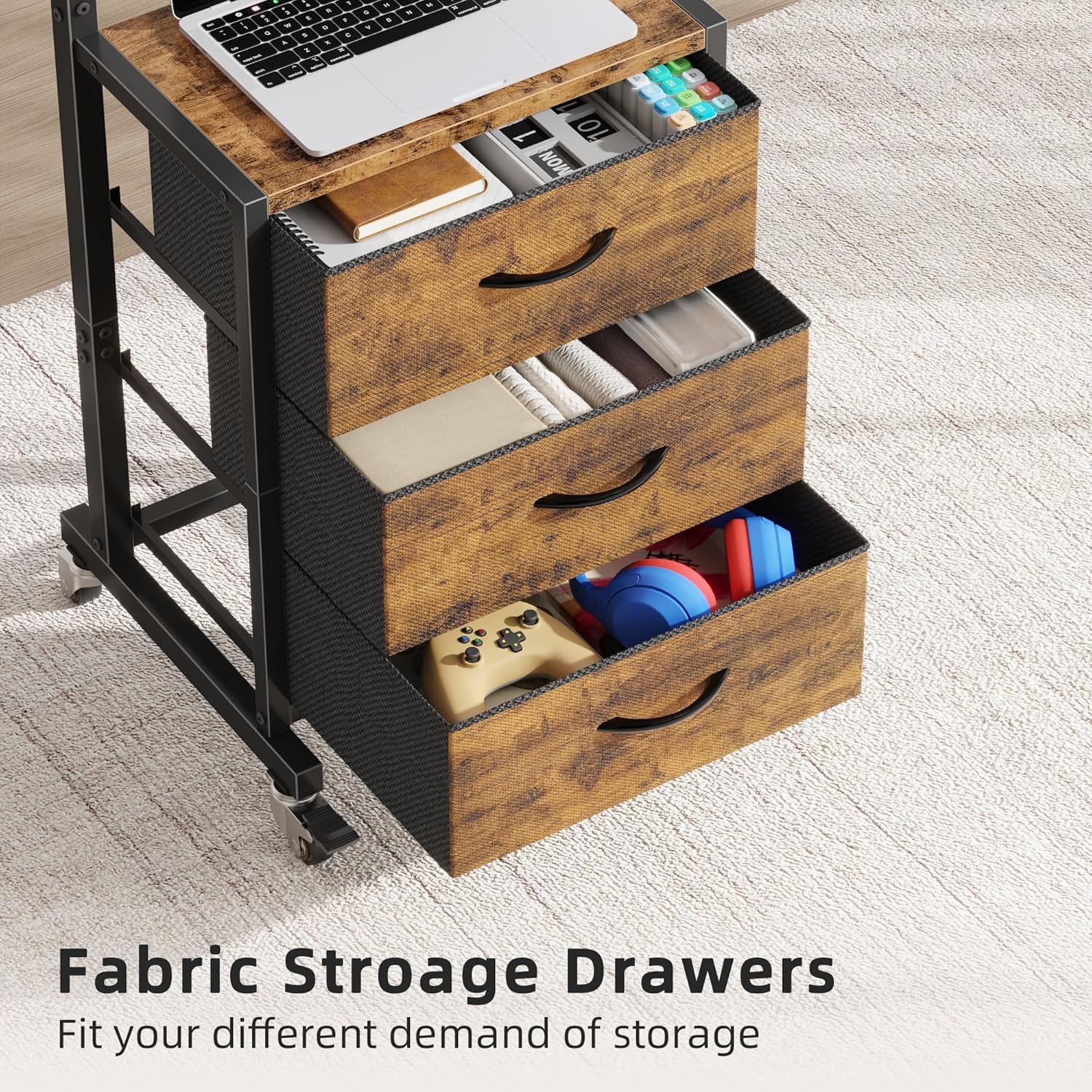 GYIIYUO Rolling TV Stand with 3 Storage Fabric Drawers/Mount/Wheels, Small Mobile TV Stand for 32-55 inch TVs, Corner TV Cart for Bedroom,Office,Living Room(Rustic Brown)