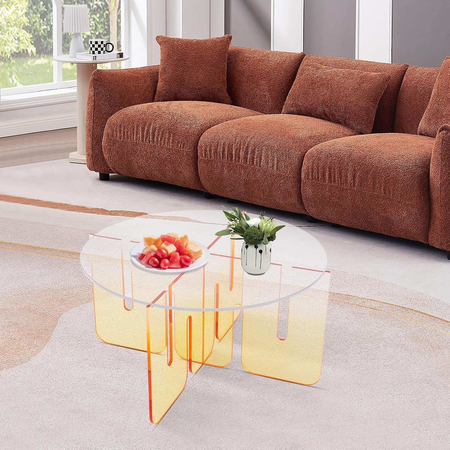 32inch Acrylic Coffee Table, Acrylic Orange Side End Table Round Modern Accent Table Coffee Tablé Easy Assemble for Living Room Clear Round Top