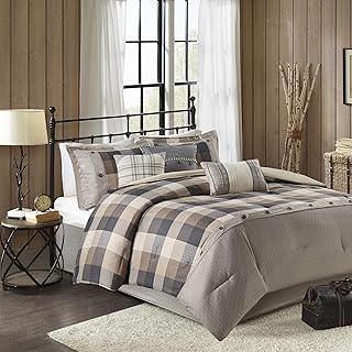 Madison Park Ridge Comforter Set-Cabin Lodge Plaid Herringbone Design All Season Down Alternative Cozy Bedding with Matching Bedskirt, Shams, Decorative Pillow, King(104"x92"), Neutral 7 Piece