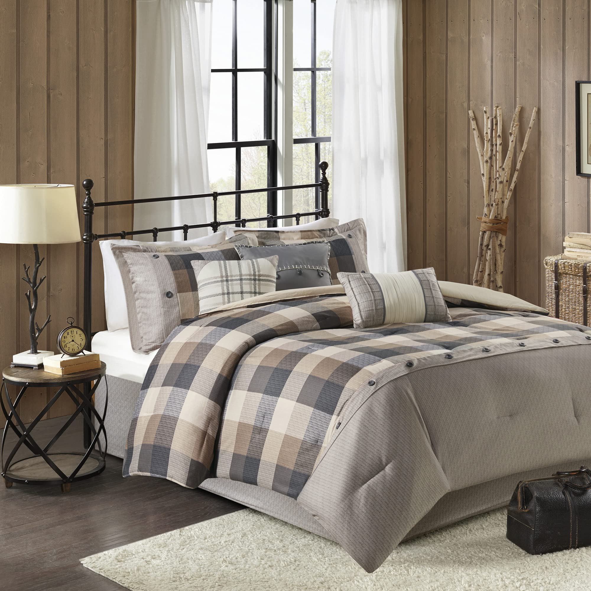 Madison Park Ridge Comforter Set-Cabin Lodge Plaid Herringbone Design All Season Down Alternative Cozy Bedding with Matching Bedskirt, Shams, Decorative Pillow, 104x92, Netural 7 Piece