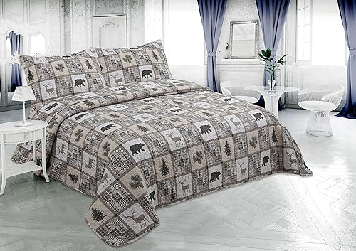Marina Decoration Juego de colcha de verano de 3 piezas con 2 fundas acolchadas, diseño moderno a cuadros, color gris pardo, tamaño King