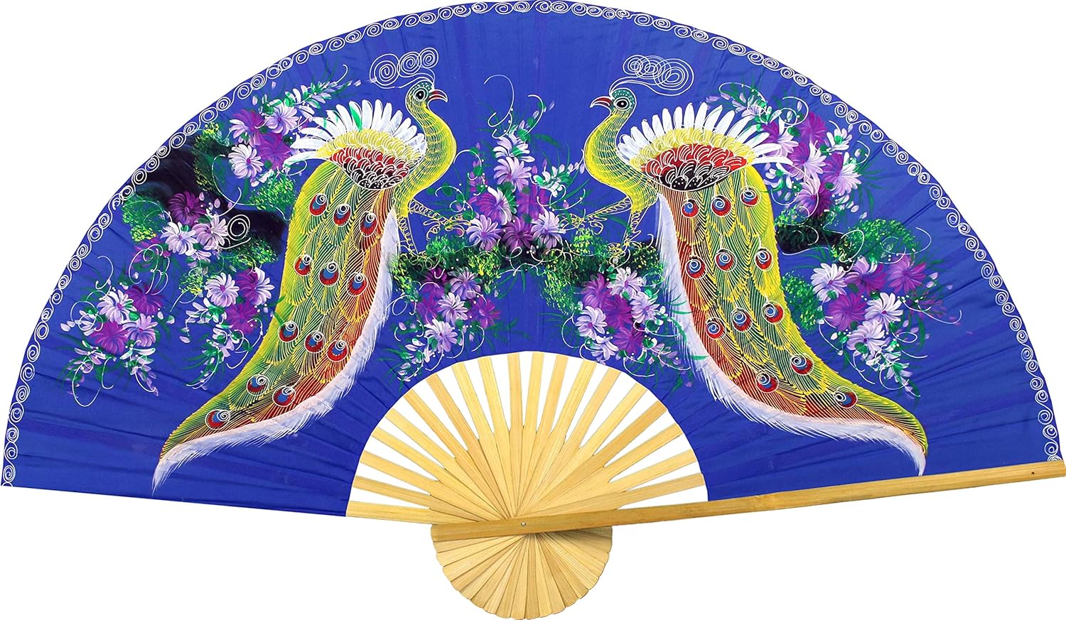 Meeting of the Peacocks Folding Wall Fan Hand-painted Wall Decor Art, Handmade Original Acrylic Painting on a Natural Bamboo Frame for Living Room or Bedroom Decoration (40 inch wide, Black)