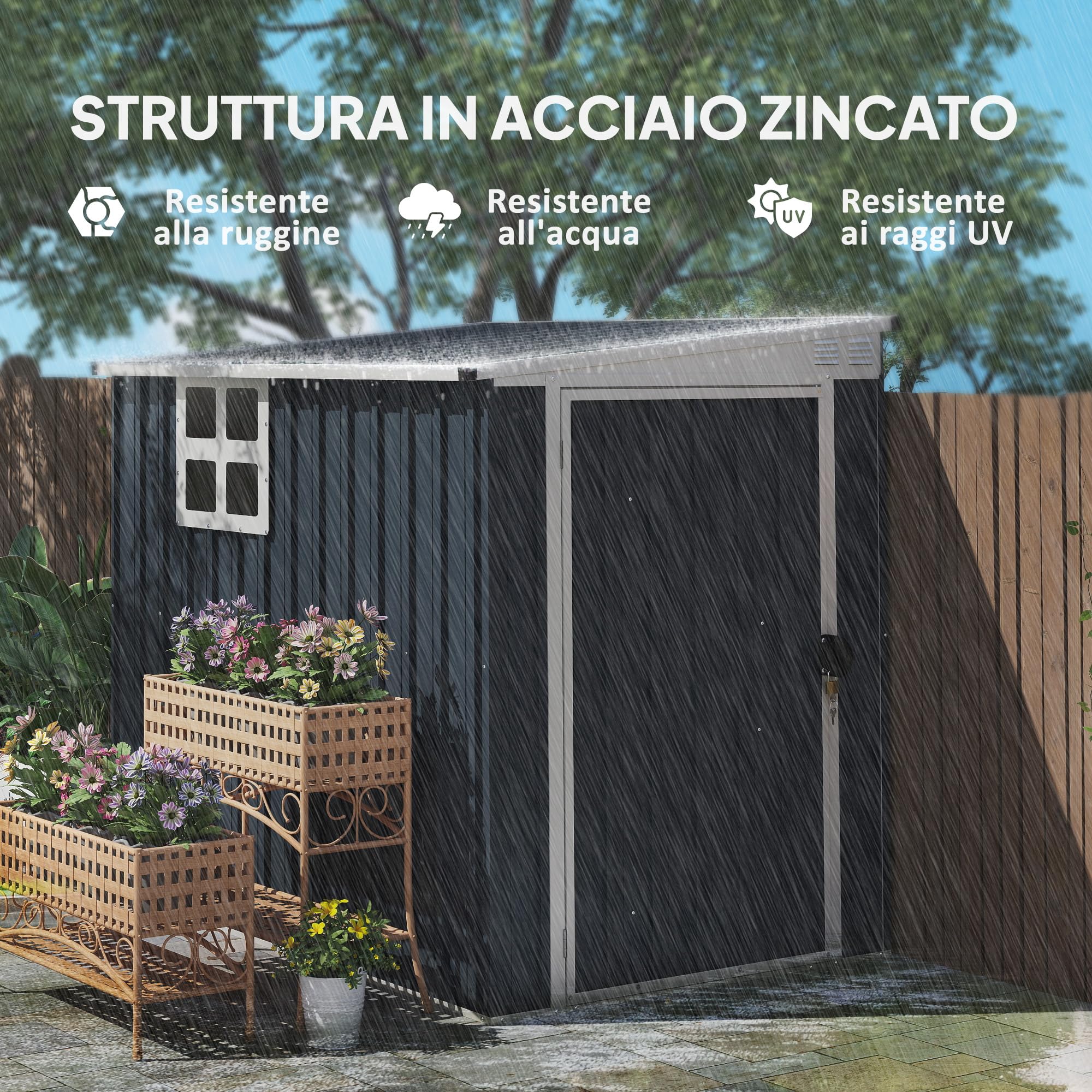 Outsunny Casetta da Giardino 2.6m² in Acciaio Zincato con 2 Prese d'Aria e Finestra Trasparenti, Capanno Porta Attrezzi con Tetto Inclinato, Porta Bloccabile, Impermeabile e Anti UV, Grigio Scuro