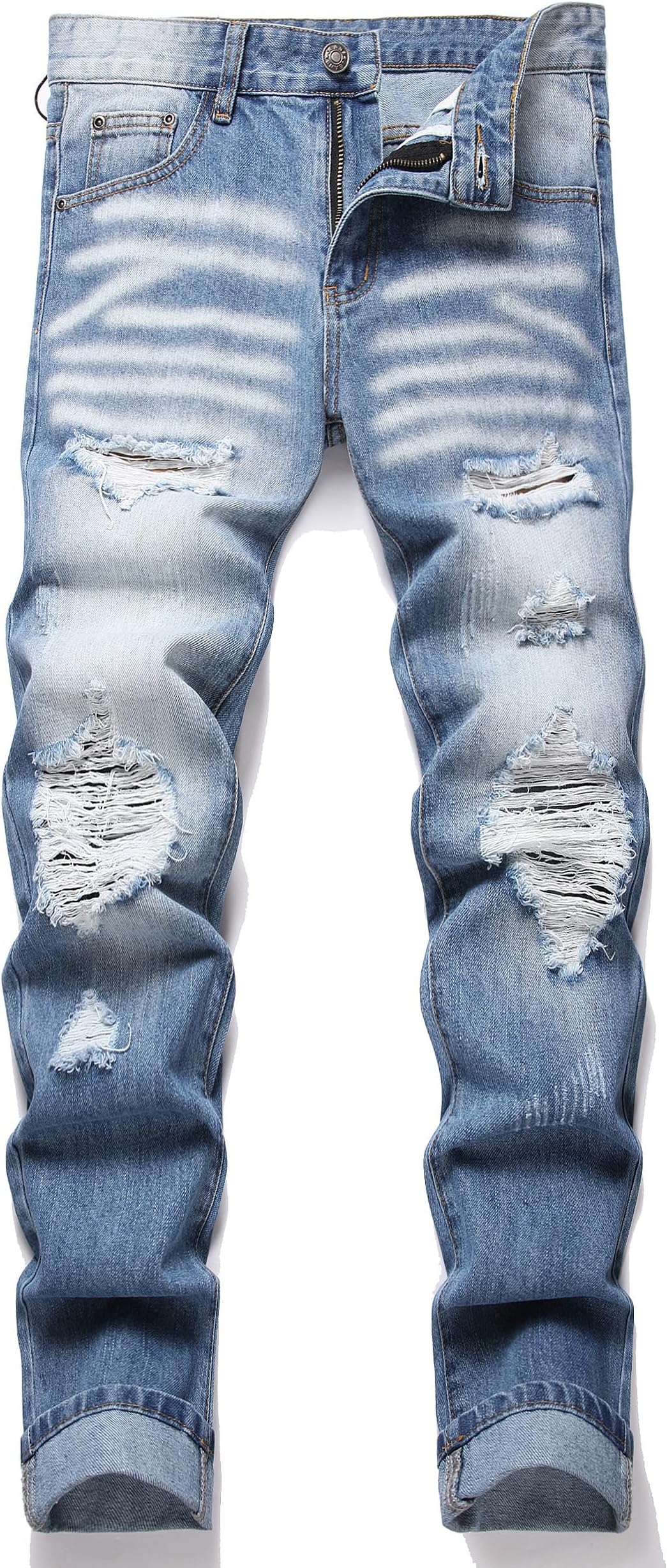 OIIIO Men's Ripped Slim Fit Straight Leg Jean Denim Pant