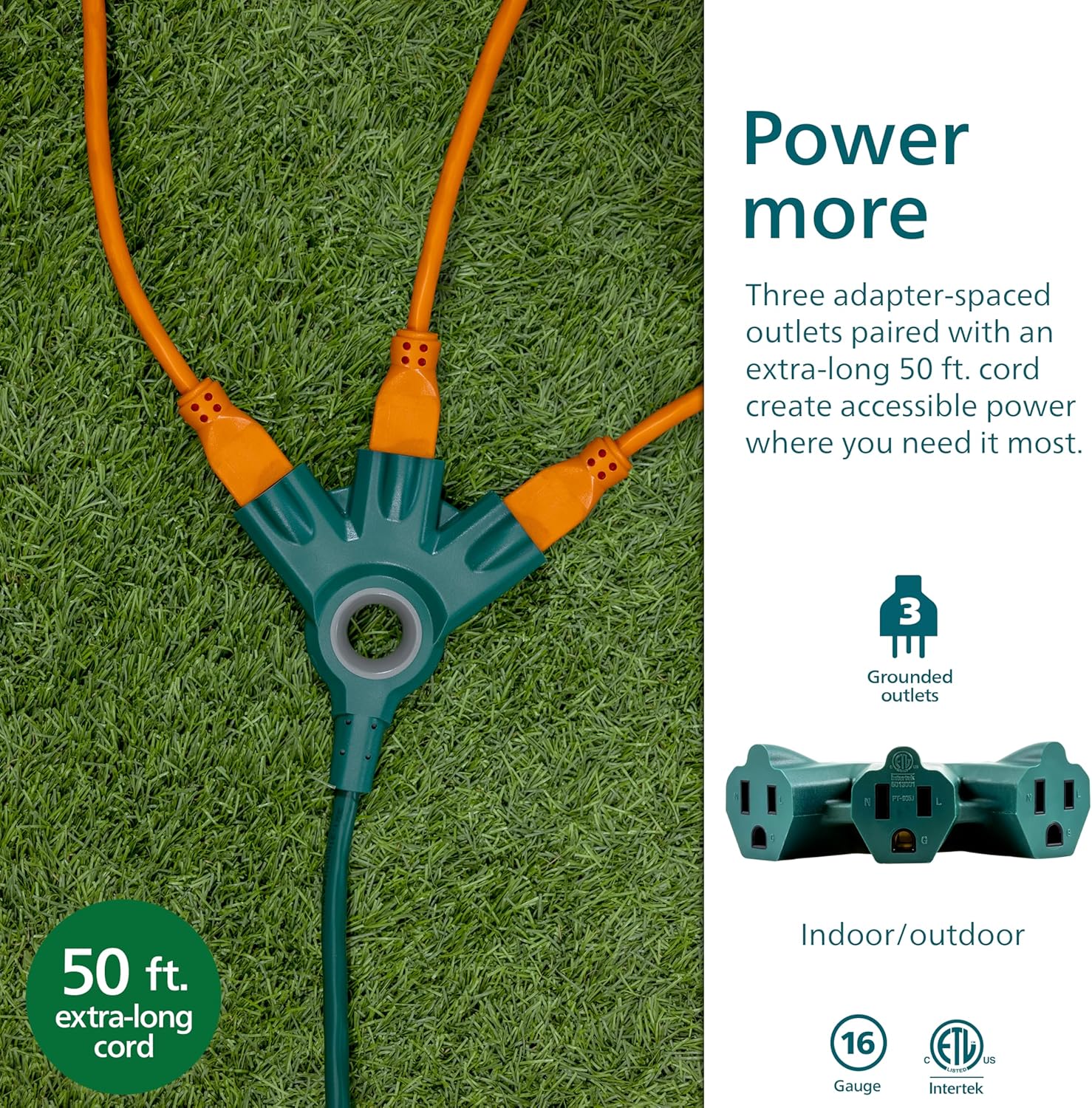 Philips EZGrip Outdoor Extension Cord with Multiple Outlets, Grounded 3 Prong Cord, Long Extension Cord Indoor with Multiple Outlets, Heavy Duty, 50 Ft, 16 AWG, Green, SPC3503ZG/37-T1